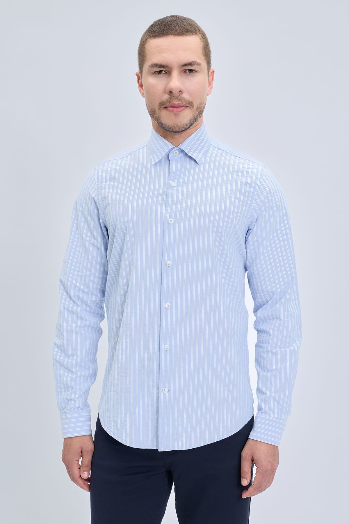 Comfort fit blue striped cotton casual shirt with classic collar smart casual light blue and white stripes