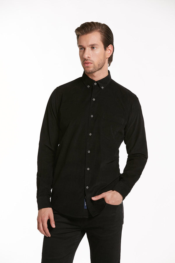 Black long-sleeved button-down shirt with a collar and silver buttons.