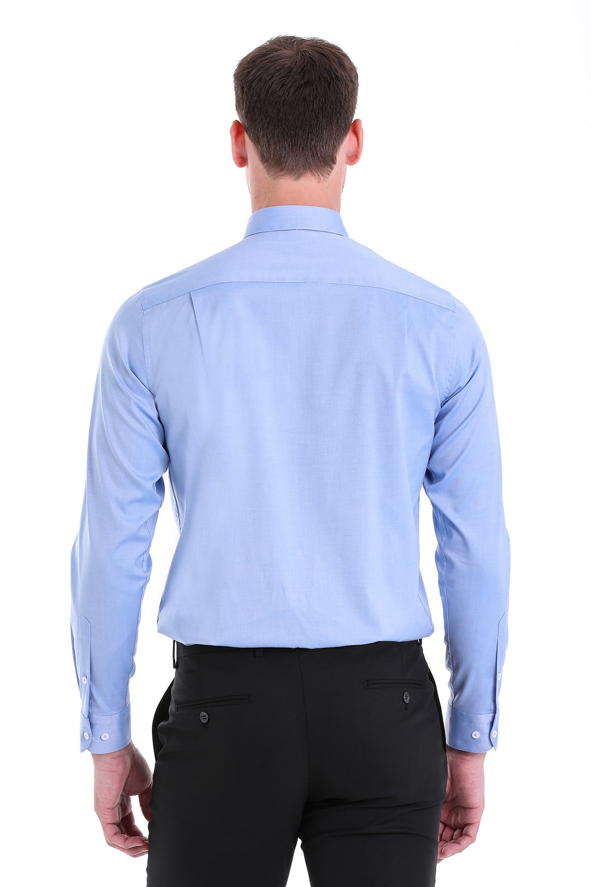 Light blue, long-sleeved men’s dress shirt with a classic collar and buttoned cuffs.