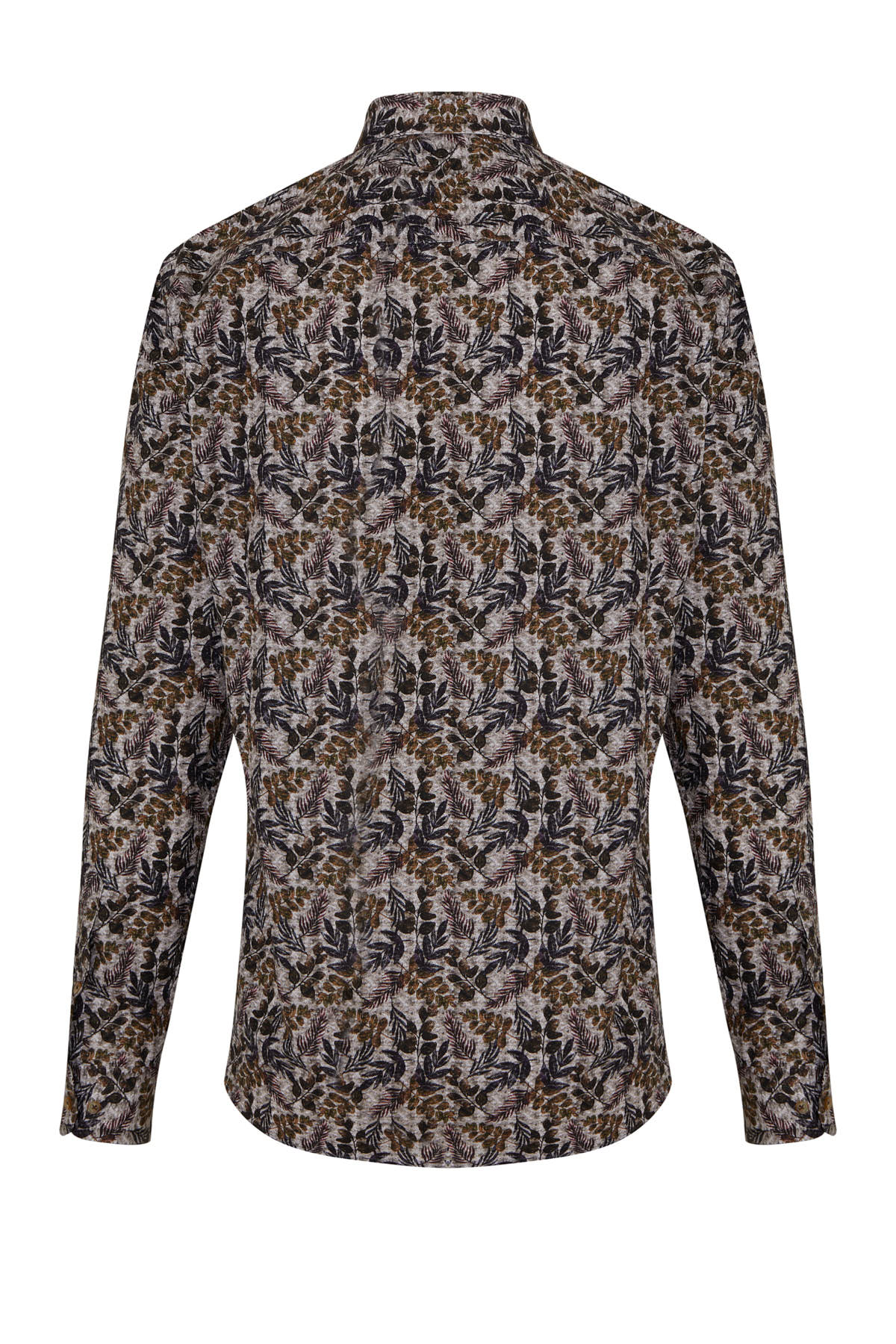 A men’s long-sleeved button-up shirt with a high collar, featuring an intricate leaf pattern in shades of dark brown and olive green on a light beige fabric.