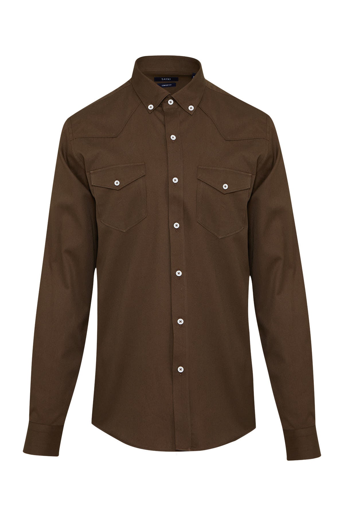 Brown button-down shirt with two chest pockets and white buttons.