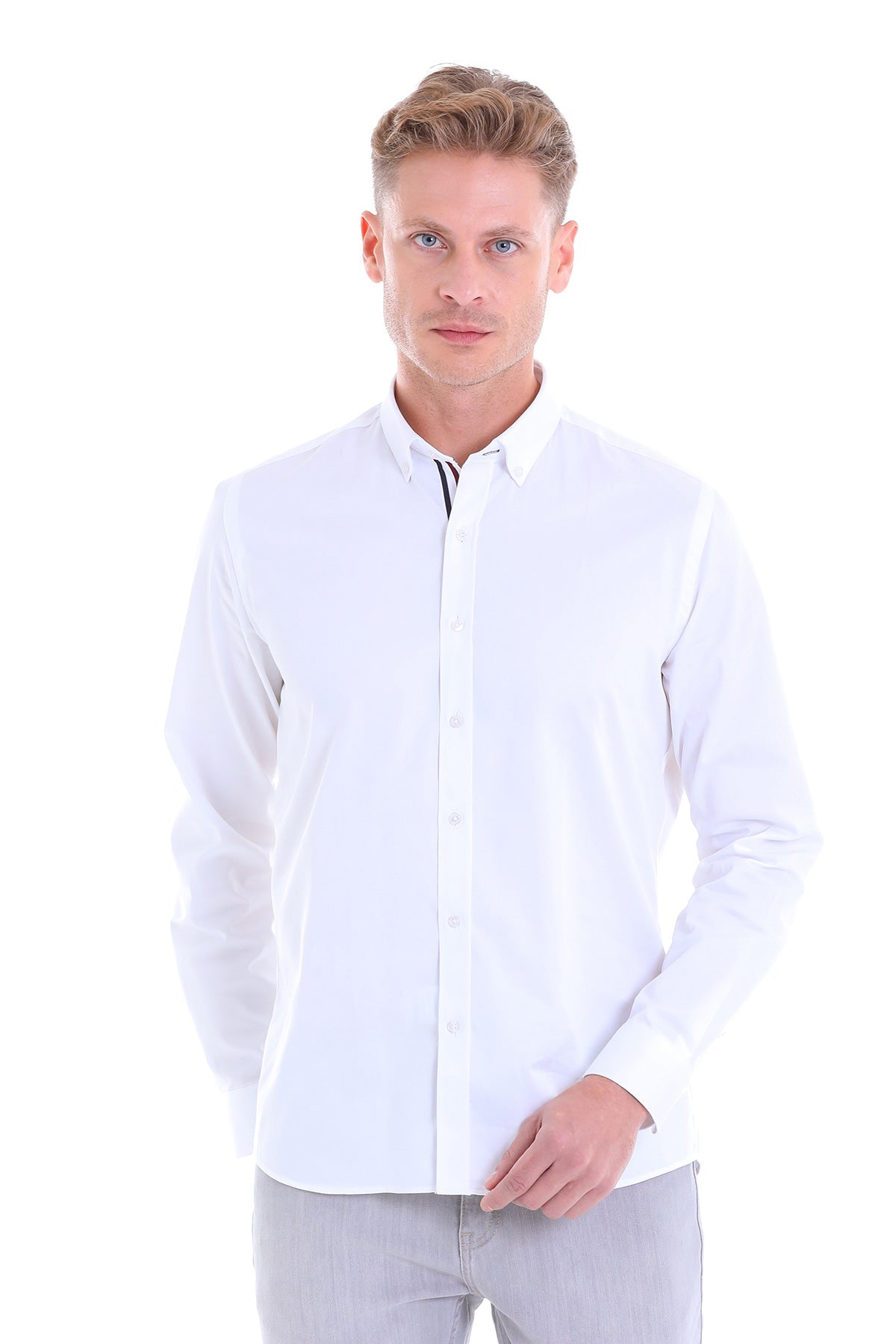 White long-sleeved button-down shirt with a classic collar and subtle black trim along the placket.