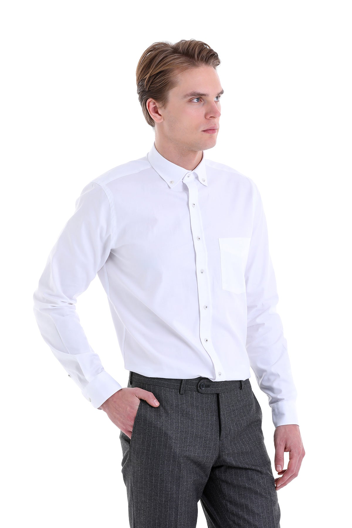 White long-sleeved button-down shirt with a chest pocket and classic collar.
