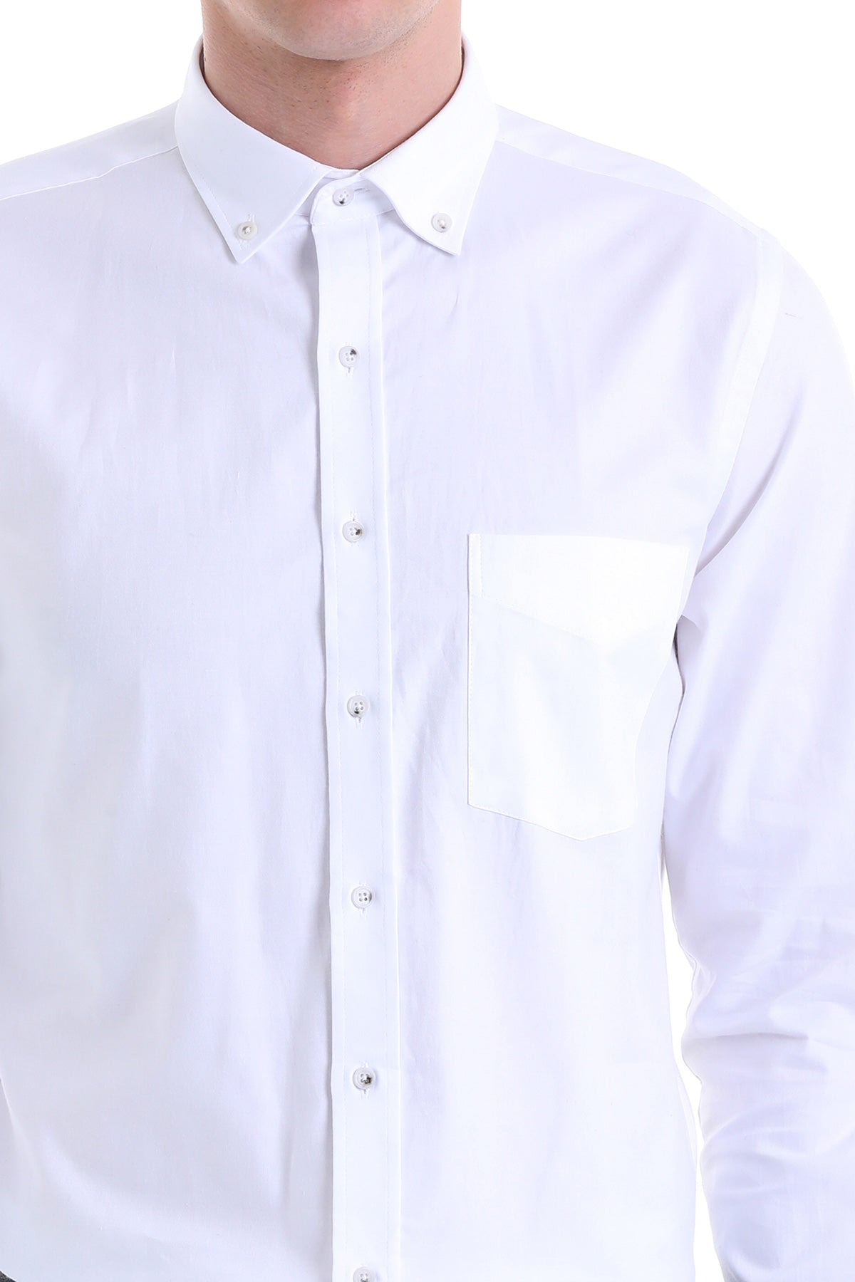 White button-down shirt with a crisp collar and matching pocket.