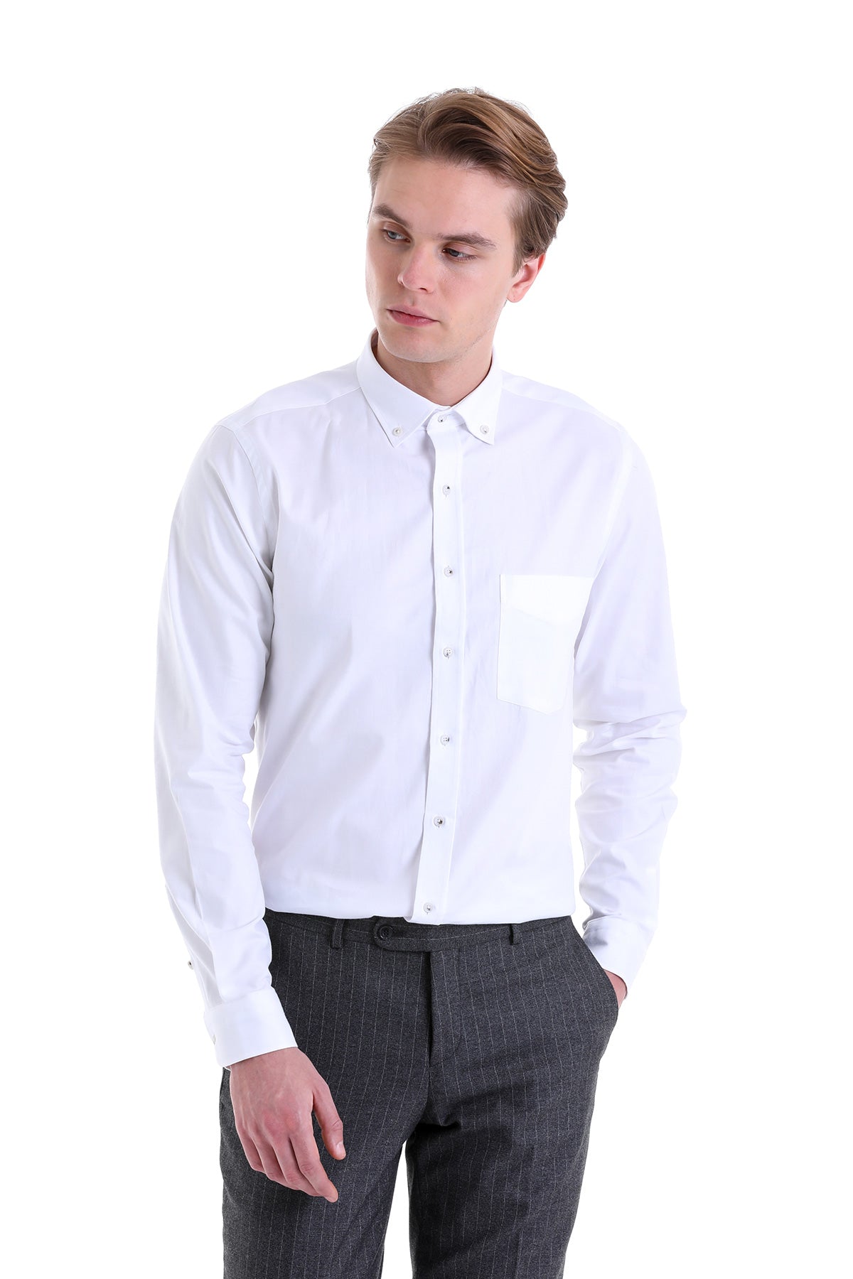 White button-down shirt with a single chest pocket and classic collar.