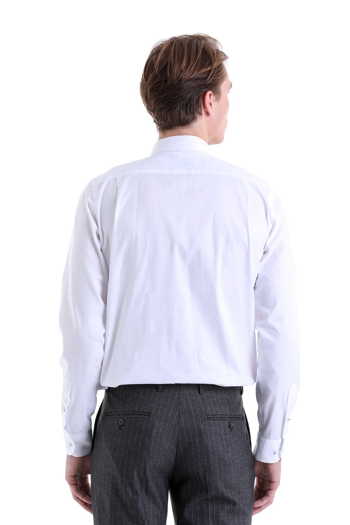 White long-sleeved dress shirt with a crisp, tailored fit and classic collar.