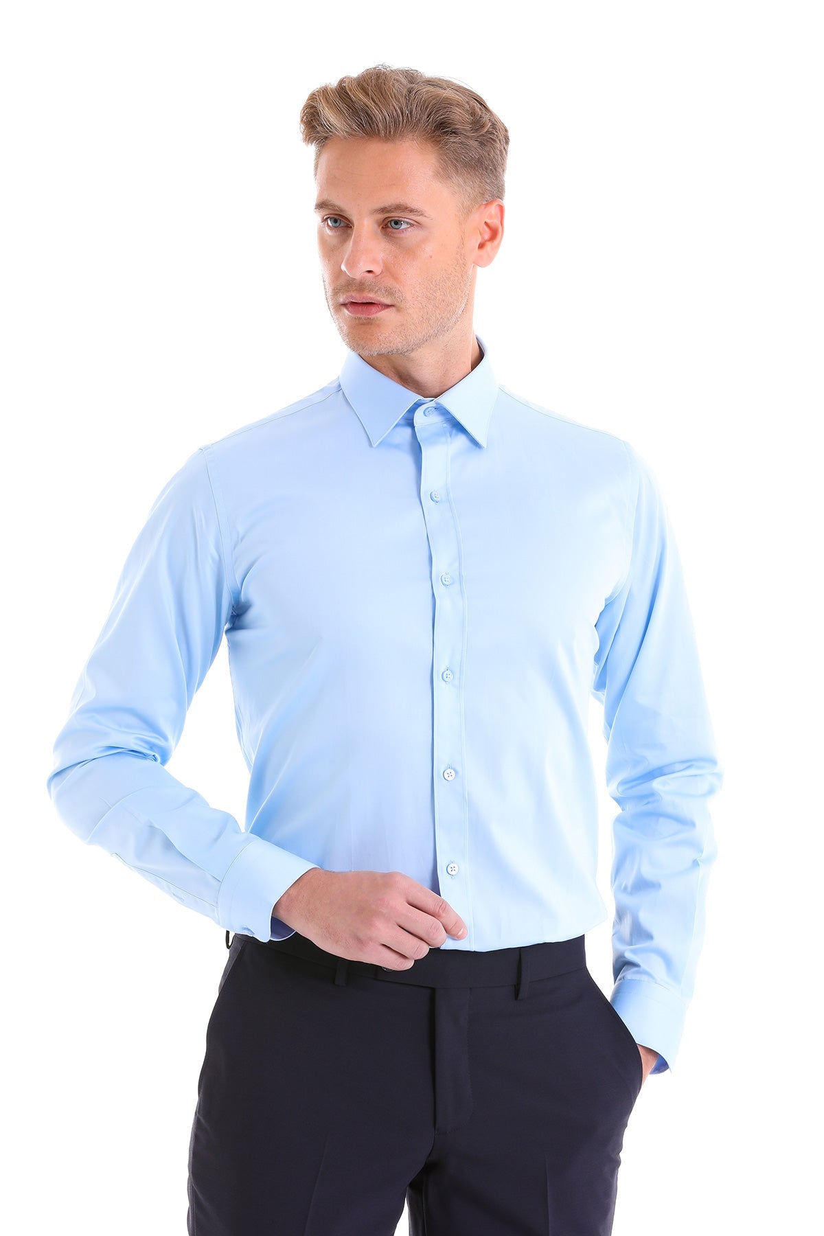 Light blue, long-sleeved men’s dress shirt with a classic collar and button-down front.