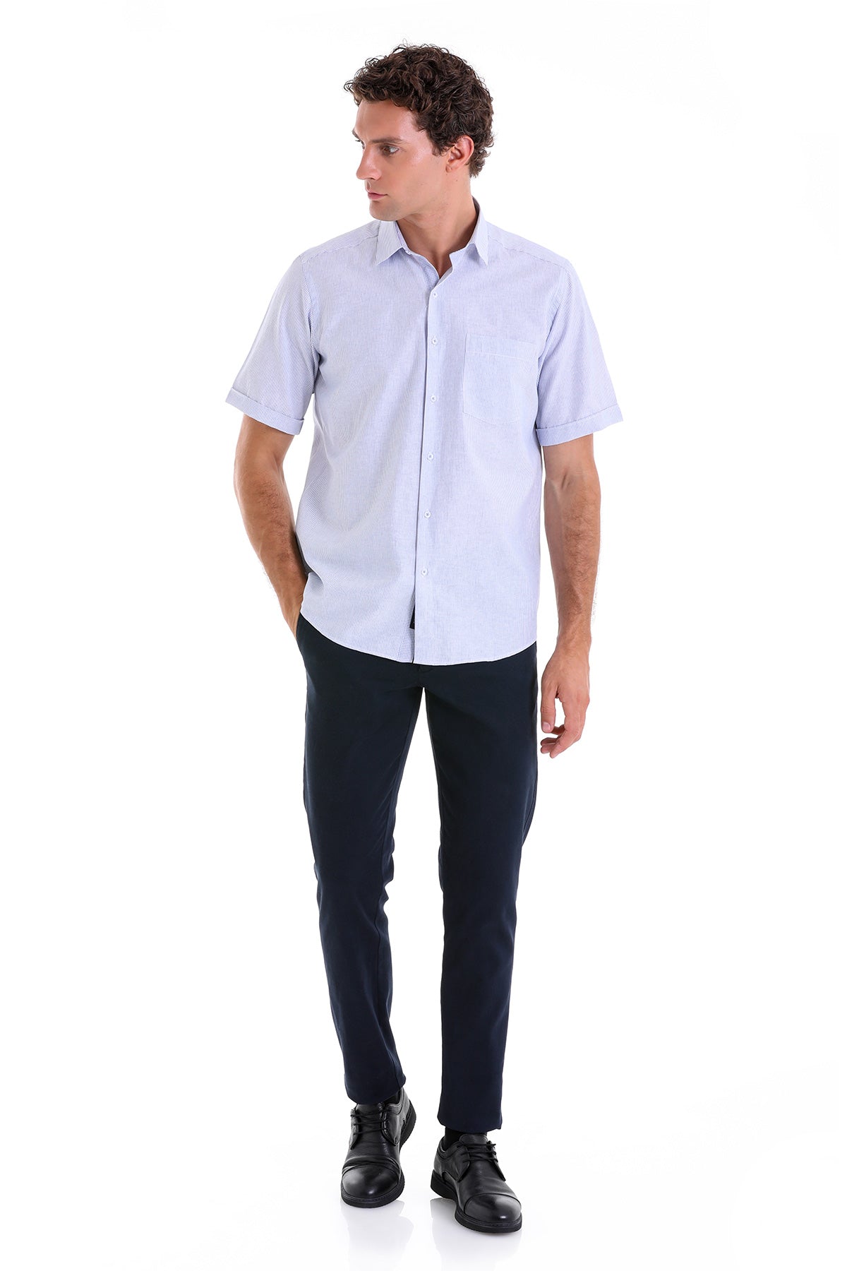 Comfort Fit Cotton Blend Striped Navy Dress Shirt - SAYKI