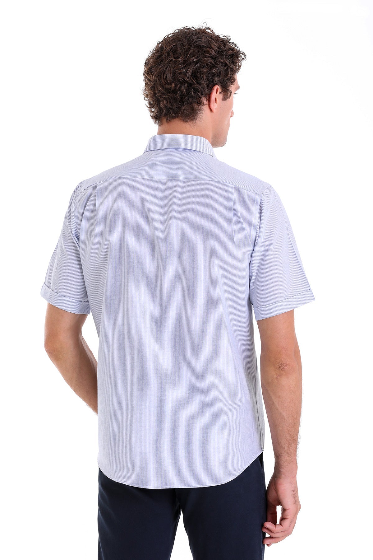 Comfort Fit Cotton Blend Striped Navy Dress Shirt - SAYKI