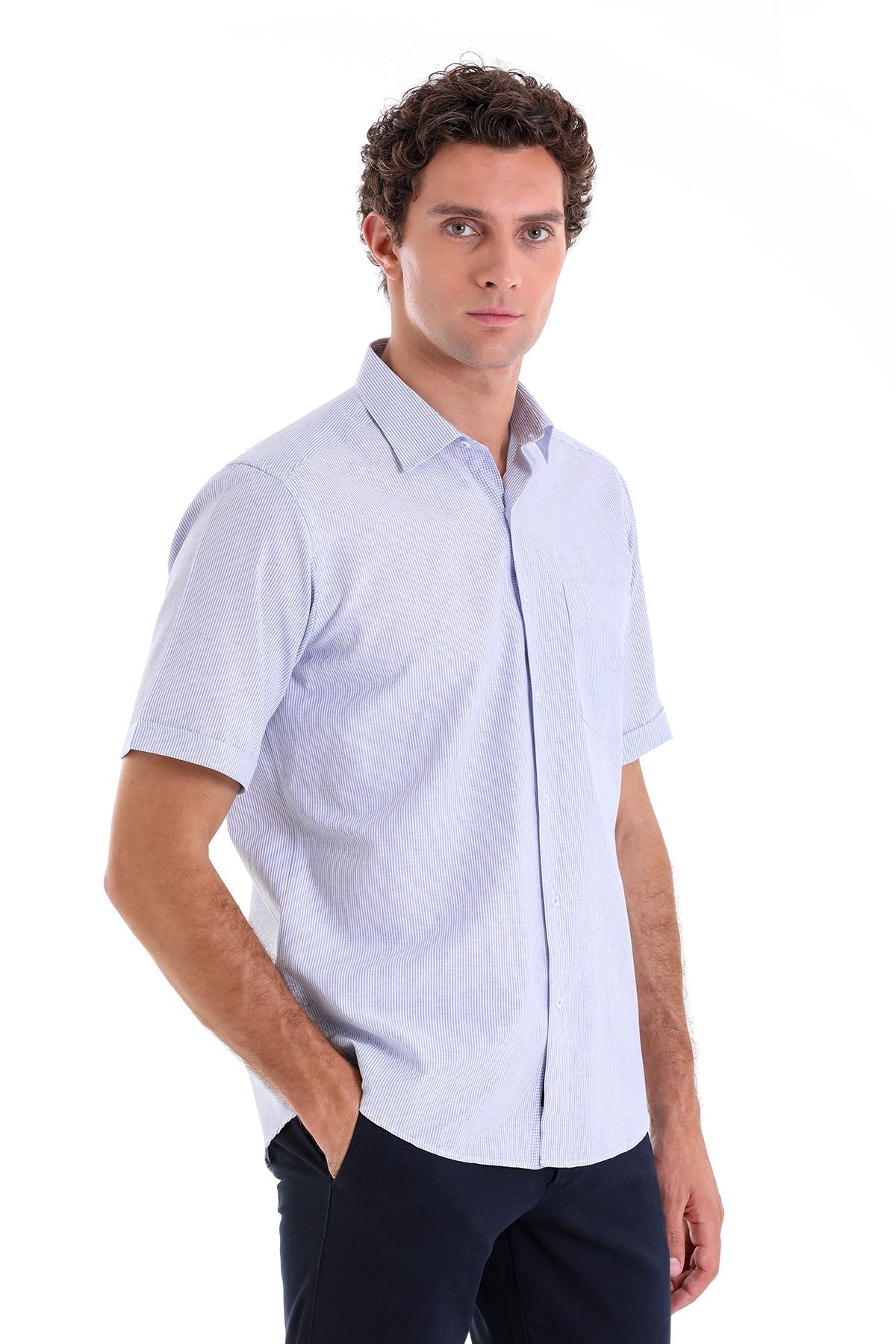 Comfort Fit Cotton Blend Striped Navy Dress Shirt - SAYKI