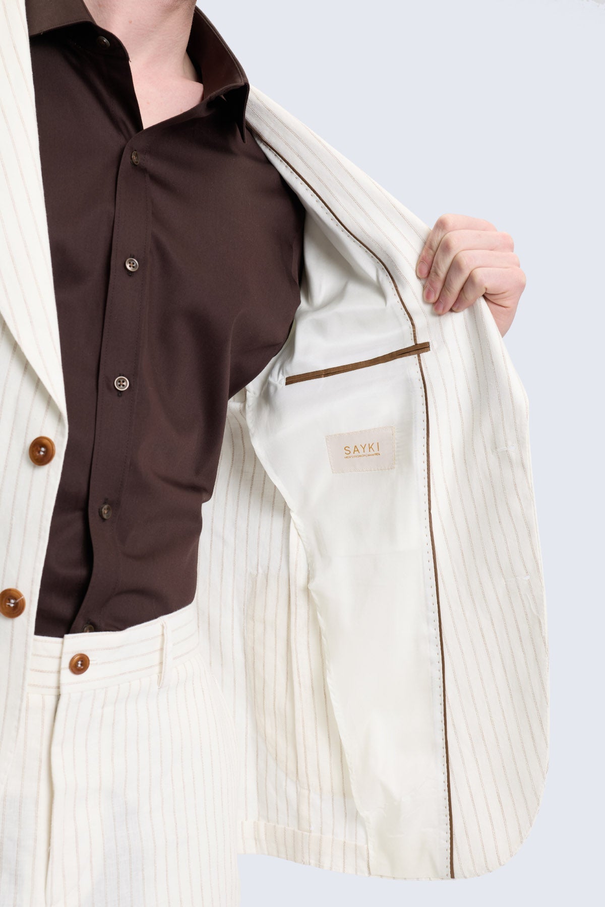 Cream-colored comfort fit ecru notch lapel pinstripe linen-cotton blazer with brown buttons and matching interior pocket