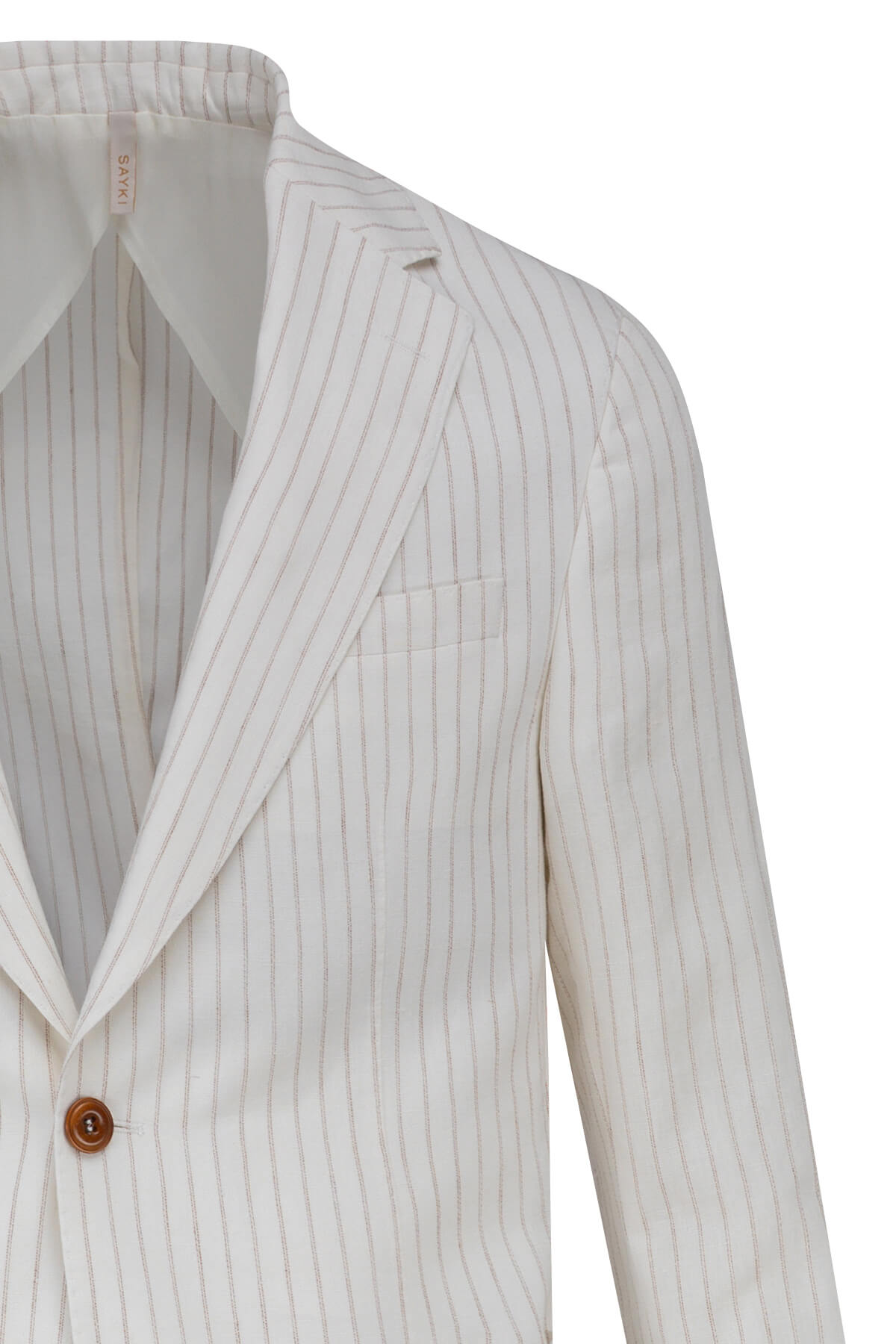 A crisp white pinstripe blazer with fine vertical stripes and a single brown button.