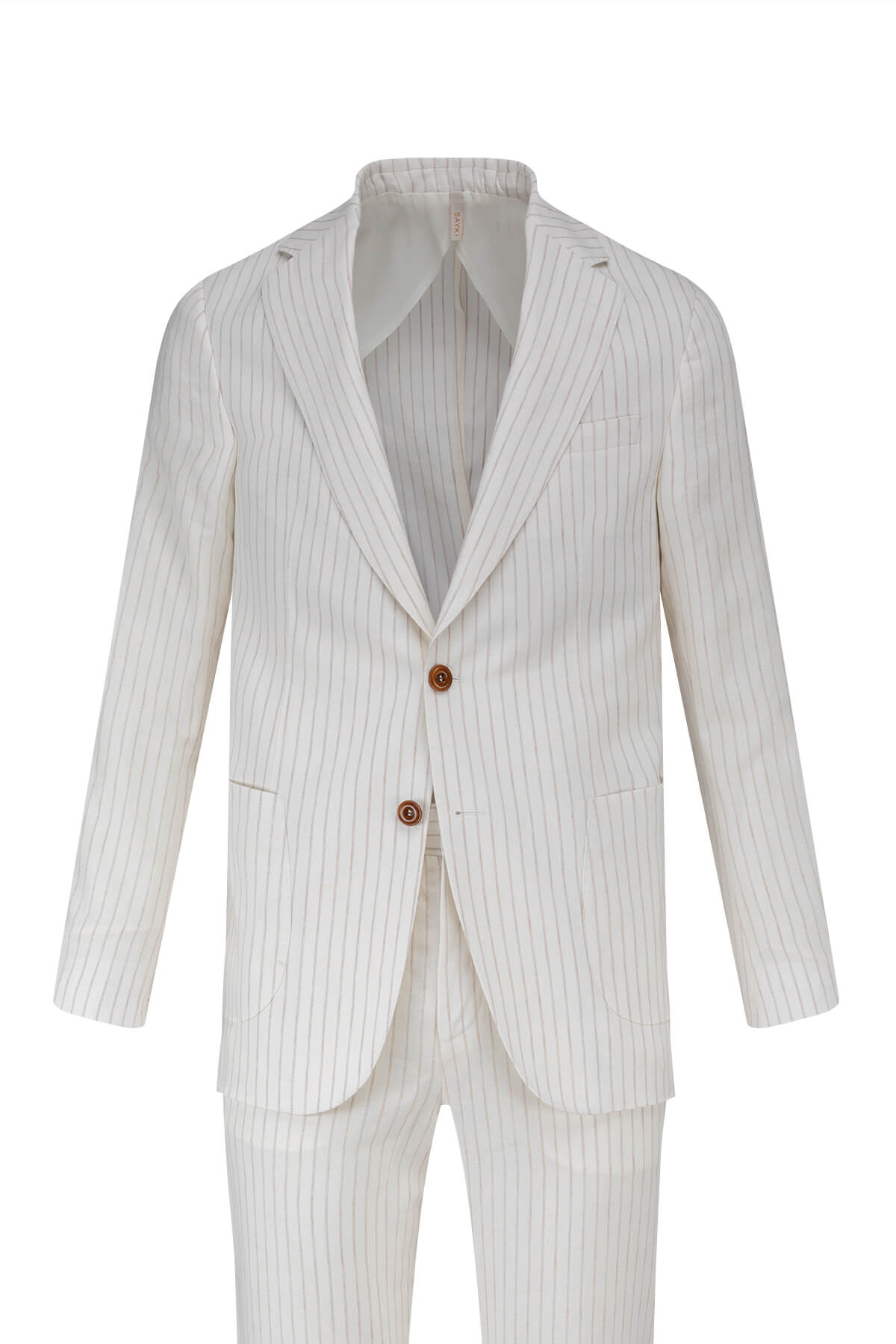 A crisp white pinstripe suit with subtle vertical stripes and matching trousers, featuring brown buttons.
