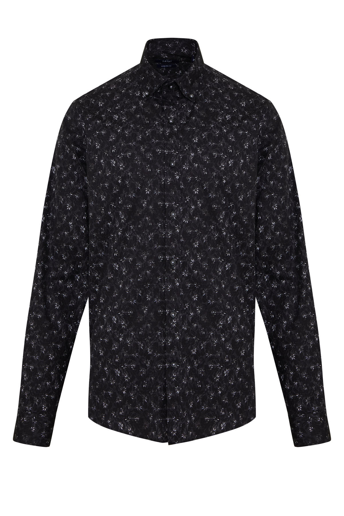 Black long-sleeved button-up shirt with a subtle white floral pattern.