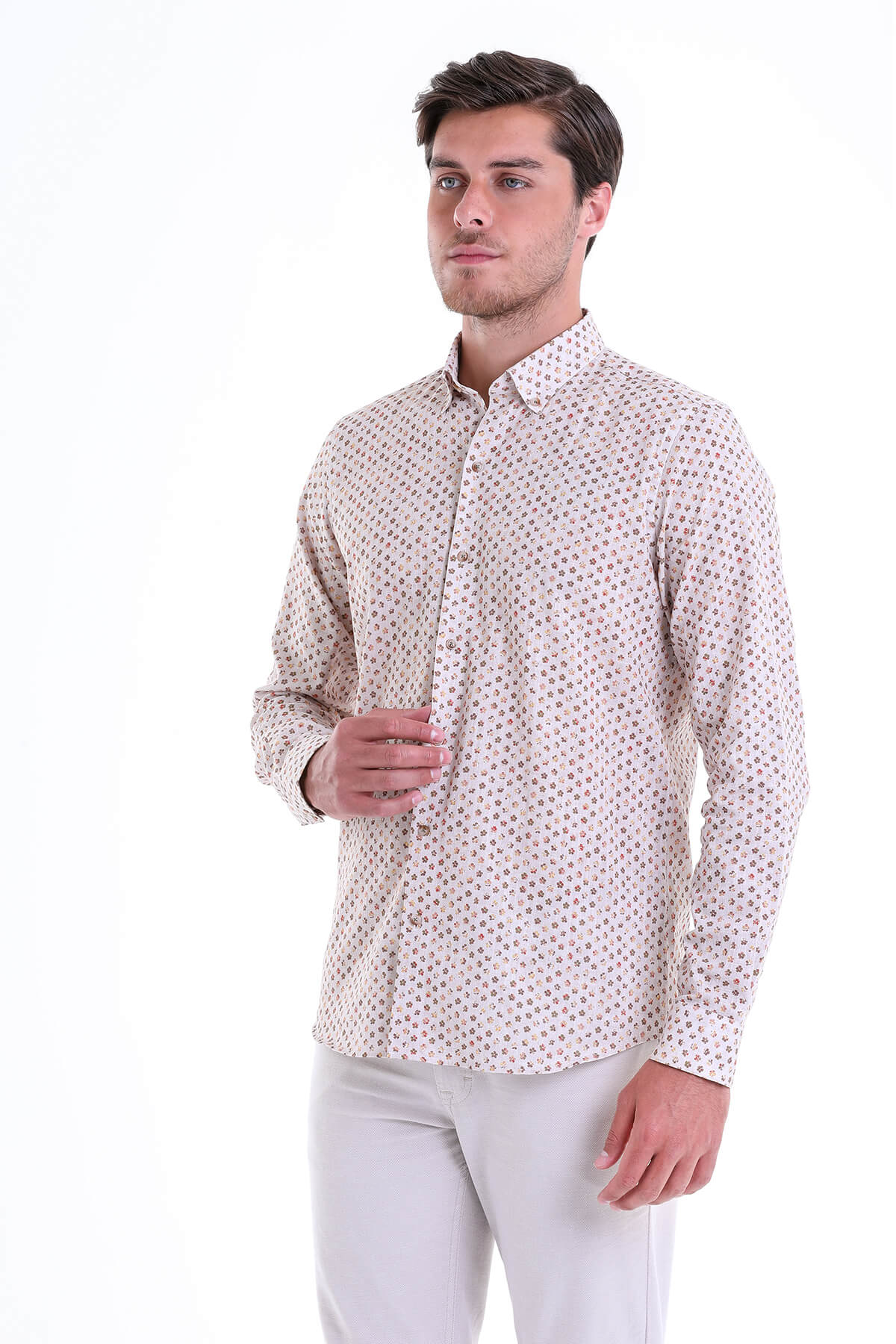 Comfort Fit Floral Printed Cotton Brick Casual Shirt - SAYKI