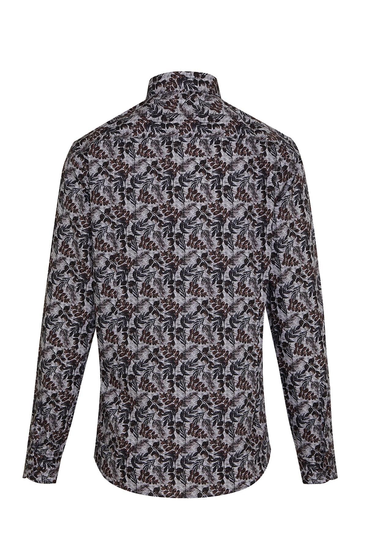 A men’s long-sleeved button-up shirt with a subtle, dark leaf pattern on a light gray fabric.