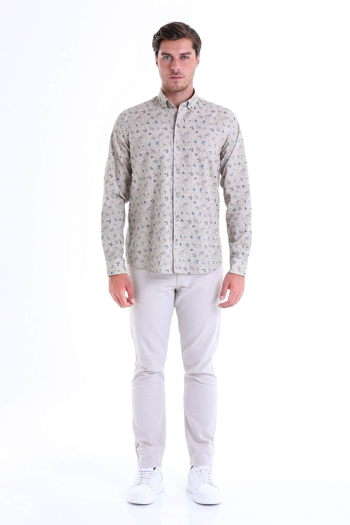 Comfort Fit Floral Printed Cotton Khaki Casual Shirt - SAYKI