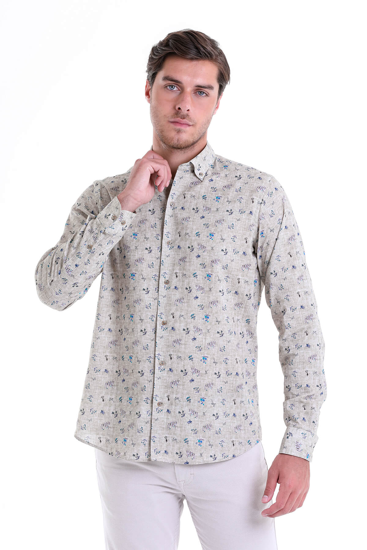 Comfort Fit Floral Printed Cotton Khaki Casual Shirt - SAYKI