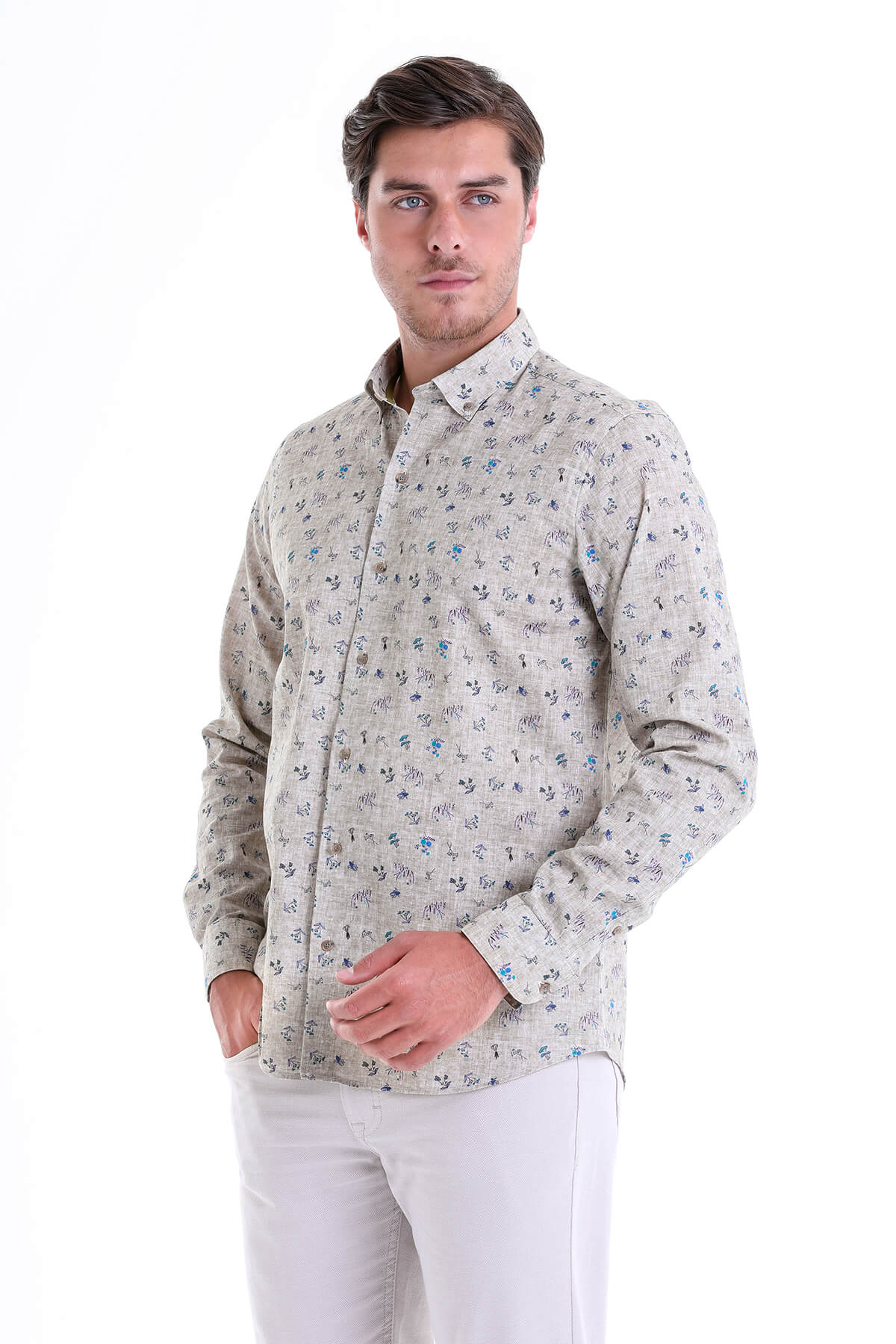 Comfort Fit Floral Printed Cotton Khaki Casual Shirt - SAYKI
