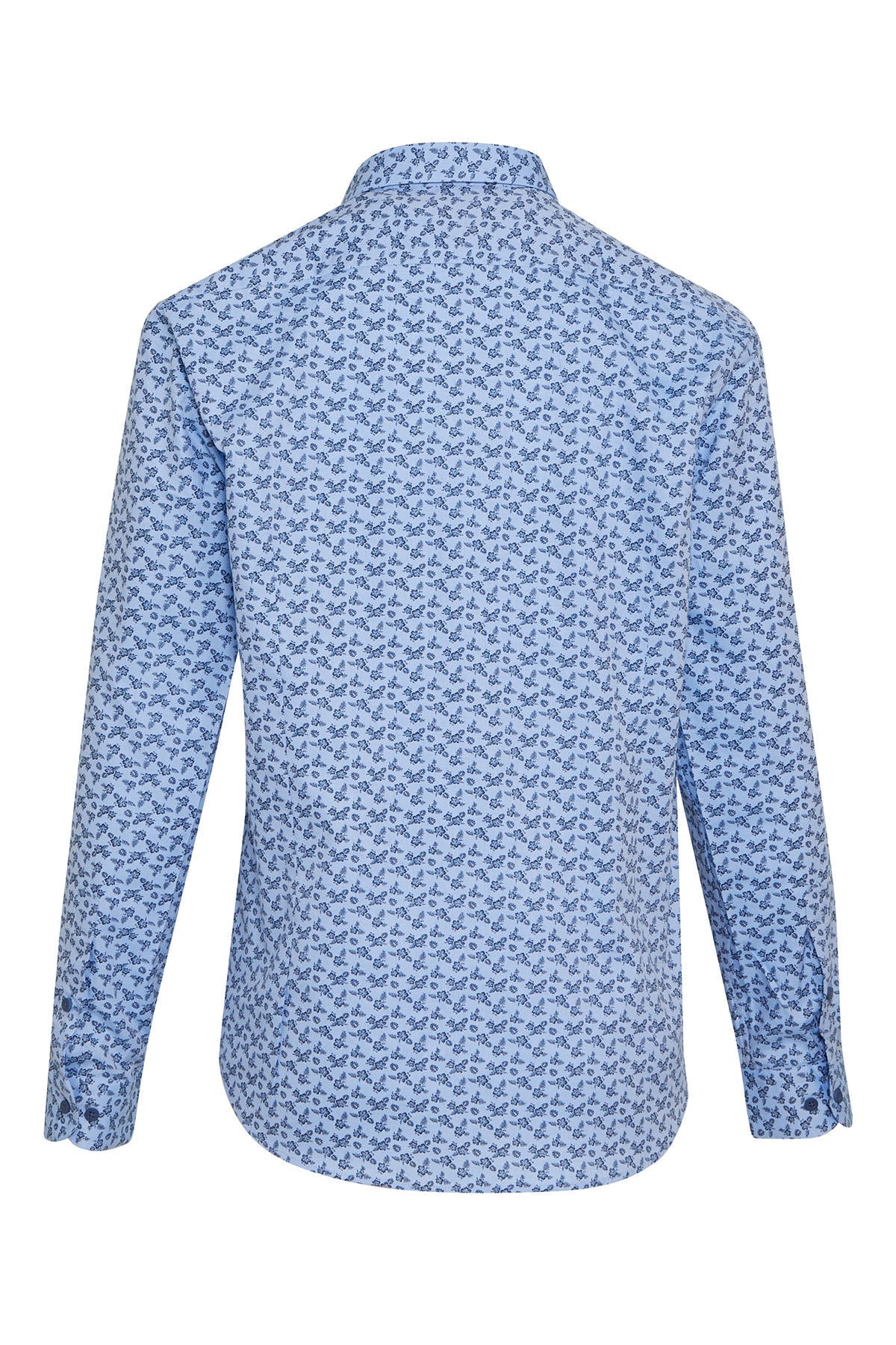 Light blue long-sleeved dress shirt with a subtle dark blue butterfly pattern across the fabric.