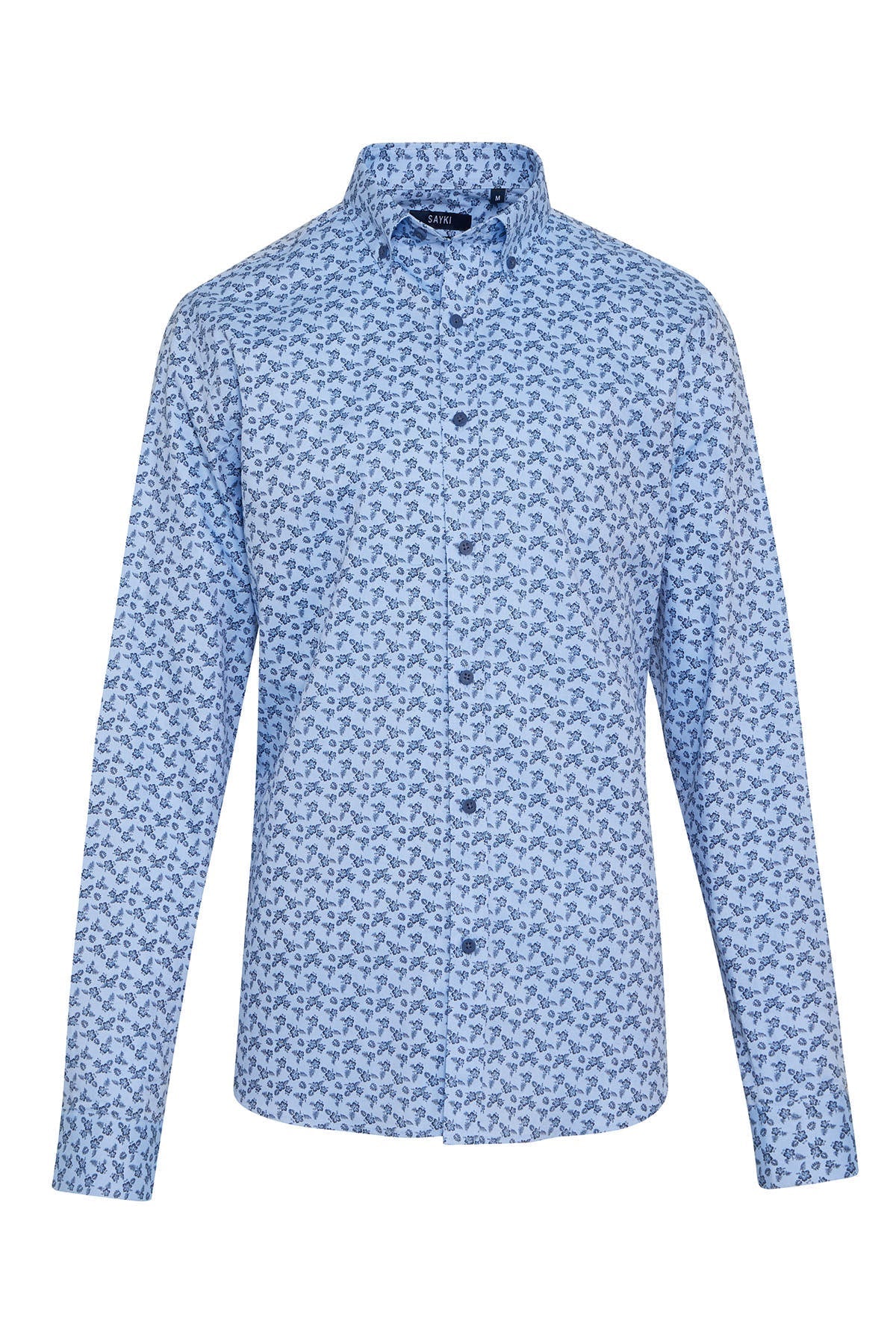 Light blue button-down shirt with a subtle dark blue floral pattern.