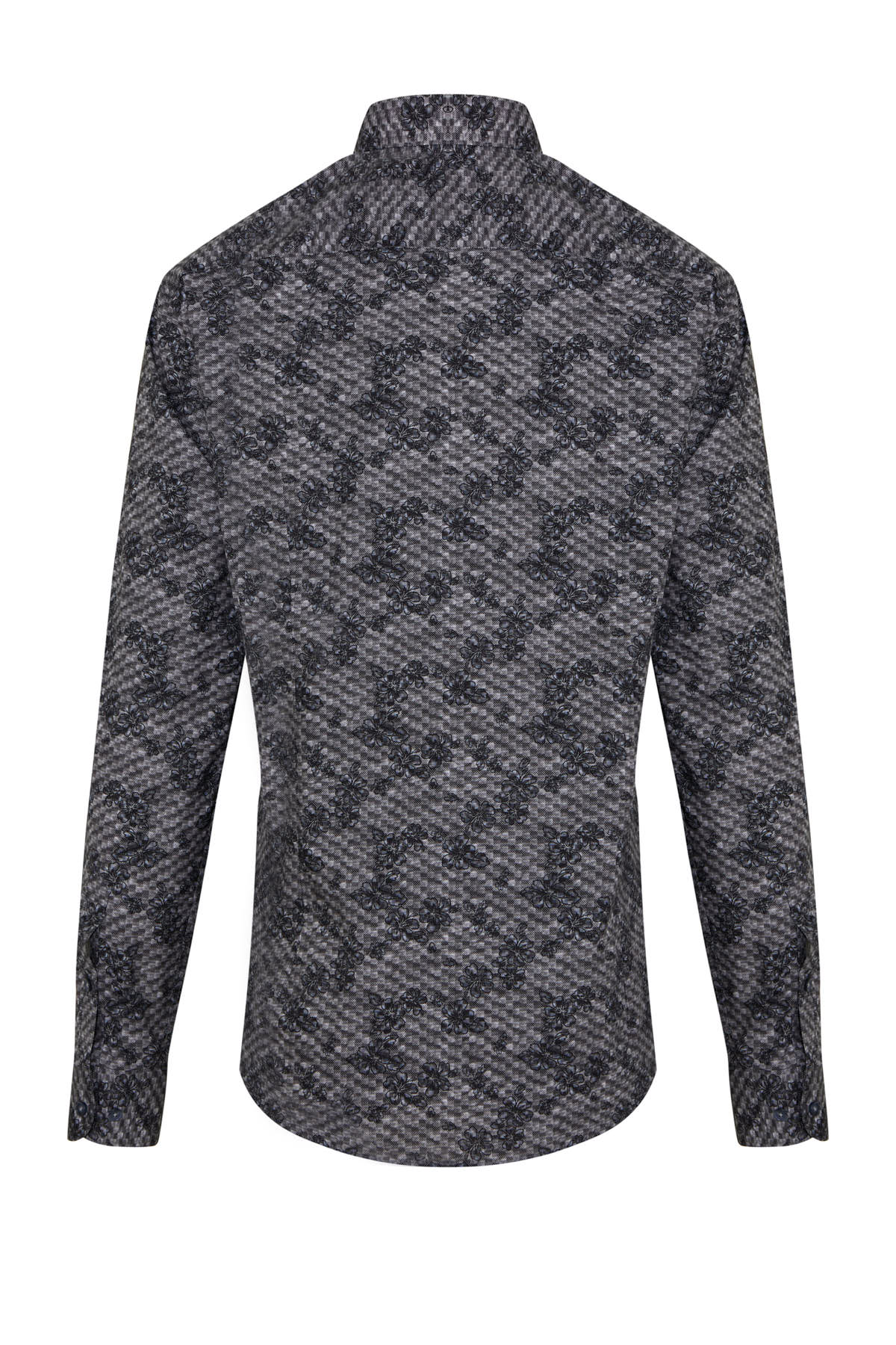 A dark gray and black herringbone-patterned men’s dress shirt with a subtle textured weave.
