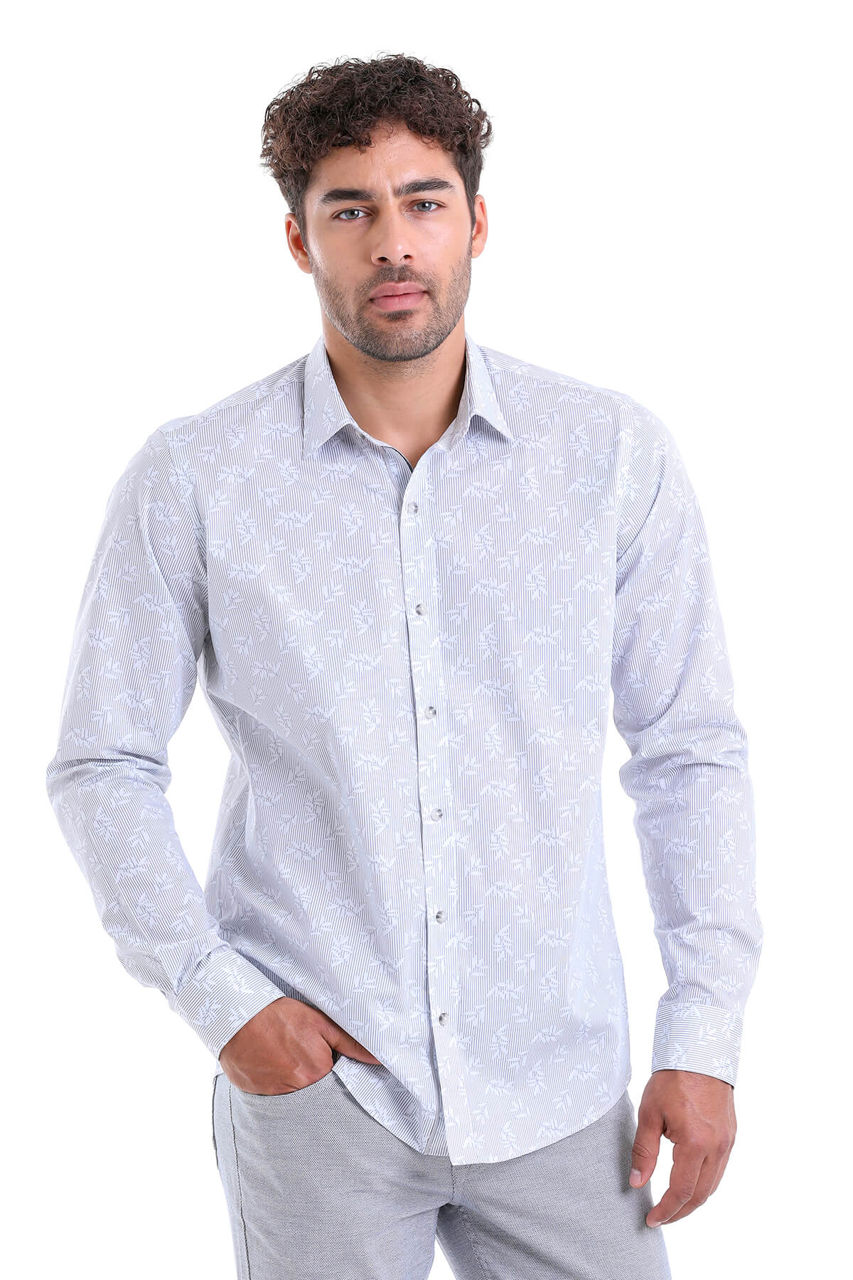 Light blue button-down shirt with a subtle white geometric pattern.