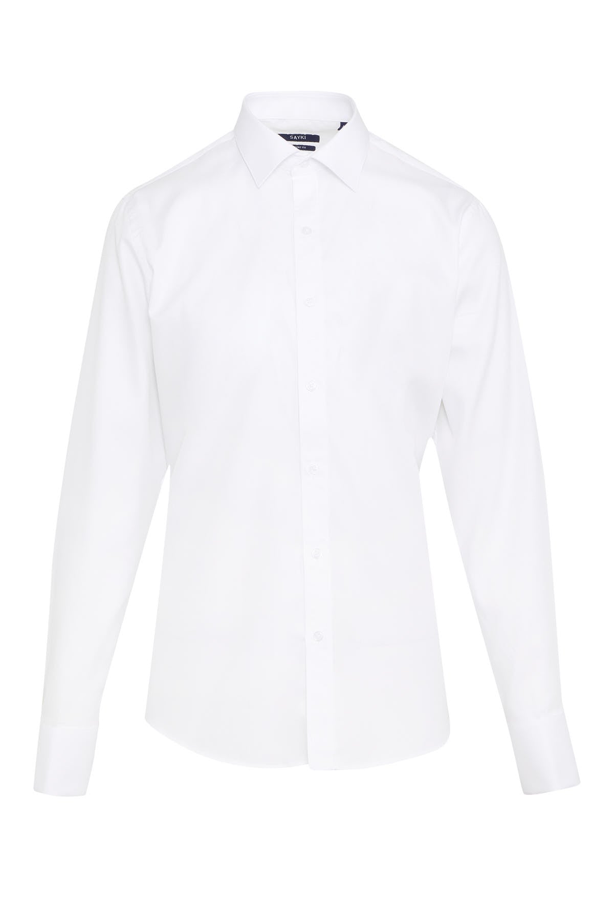 White men’s dress shirt with a classic collar and button-down front.