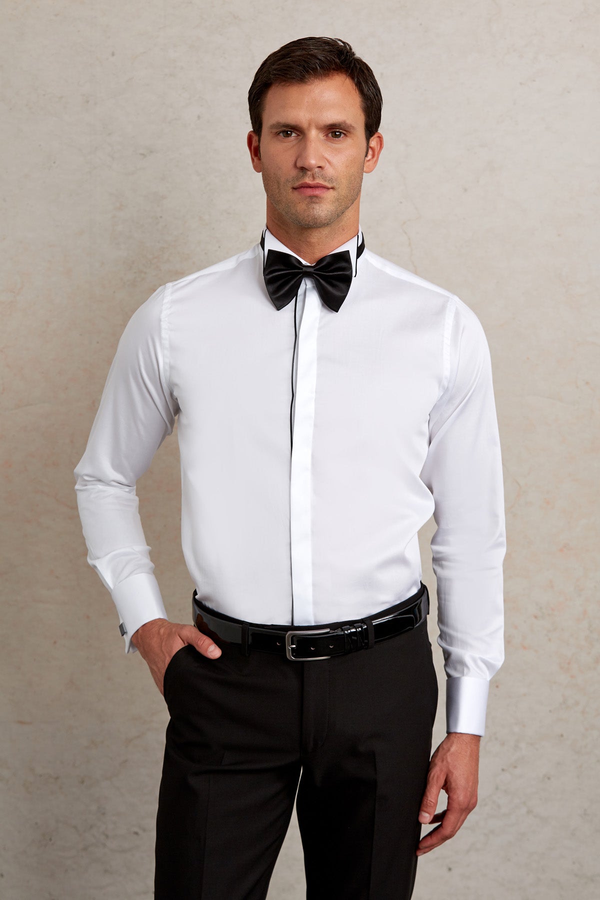Comfort Fit French Cuff Cotton White Tuxedo Shirt - SAYKI
