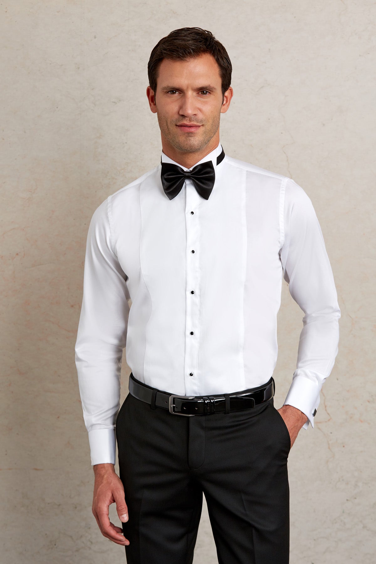 Comfort Fit French Cuff Cotton White Tuxedo Shirt - SAYKI