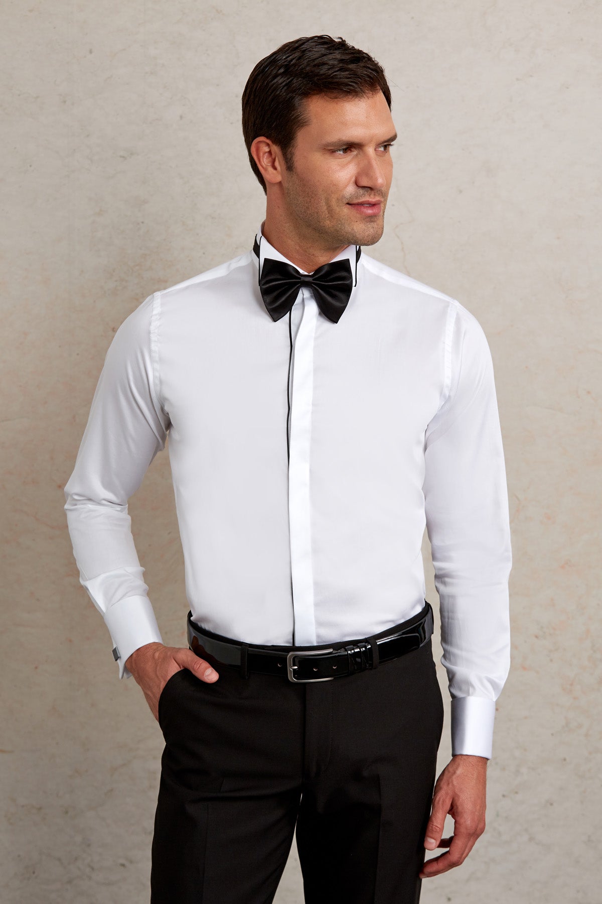 Comfort Fit French Cuff Cotton White Tuxedo Shirt - SAYKI
