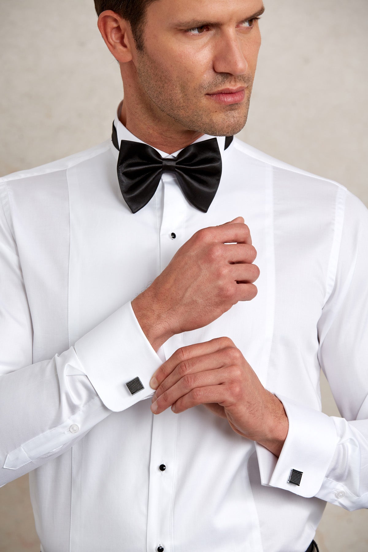Comfort Fit French Cuff Cotton White Tuxedo Shirt - SAYKI