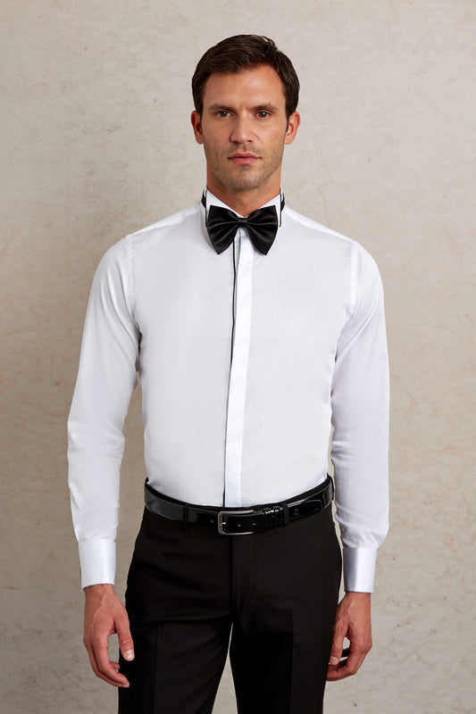 White formal dress shirt with black trim and a matching bow tie.