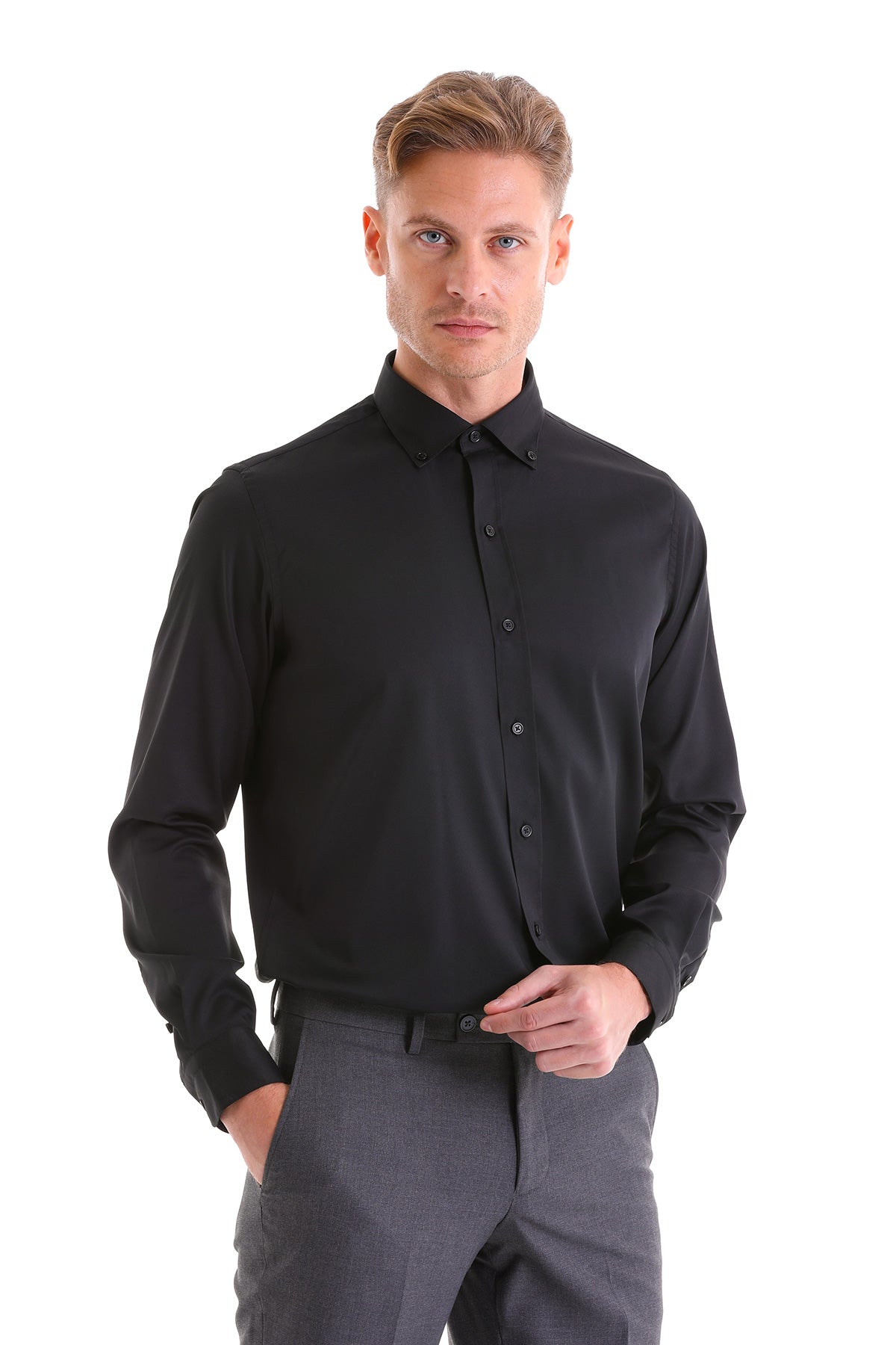 Comfort Fit Long Sleeve Black Casual Shirt - SAYKI