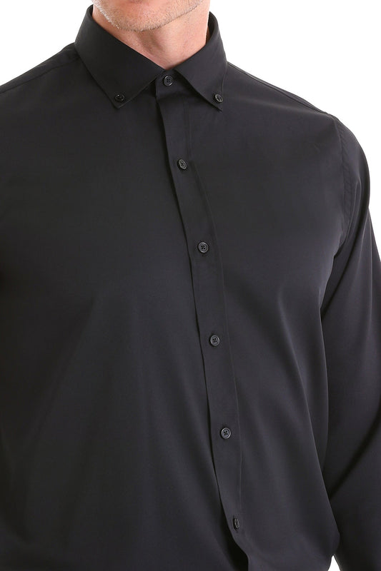 Black button-down shirt with a crisp collar and matching buttons.