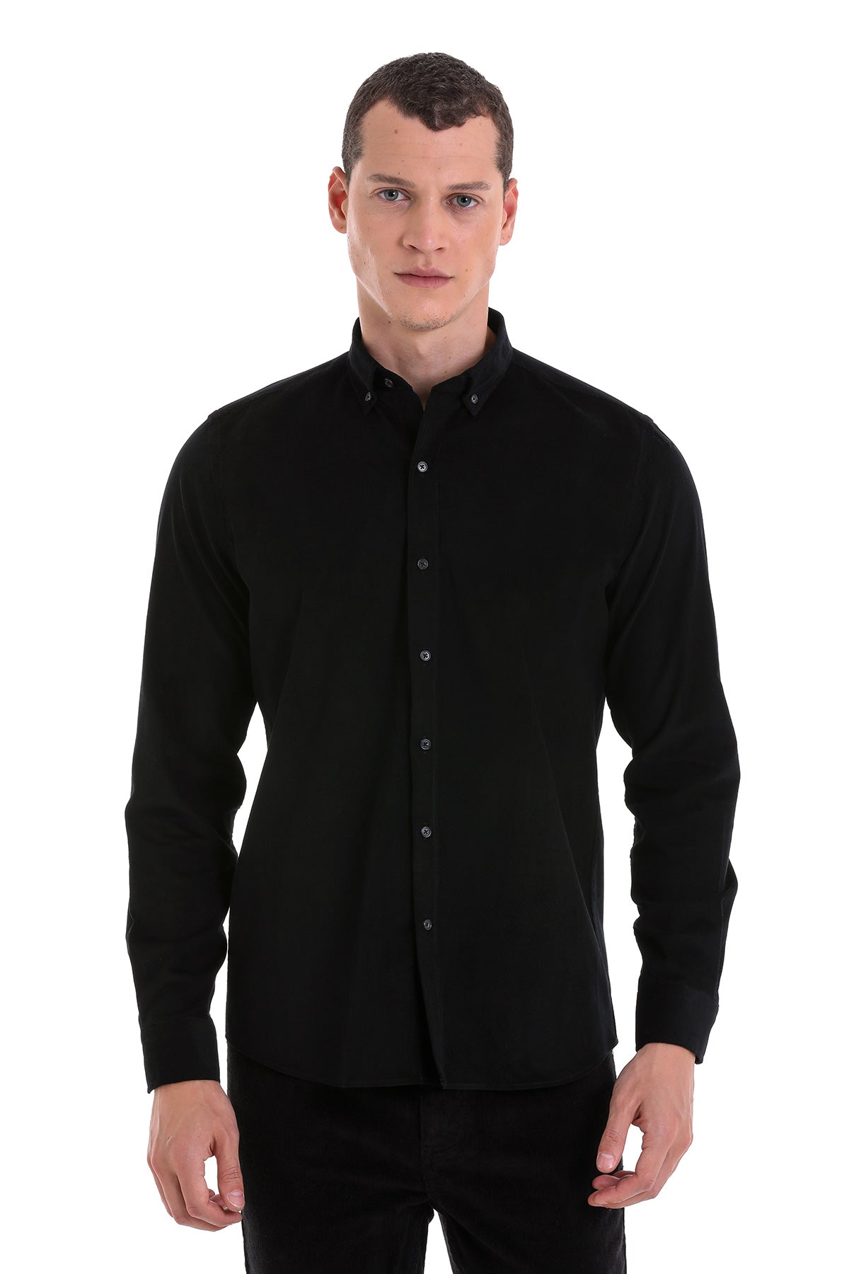Black long-sleeved button-down shirt with a classic collar and subtle texture.