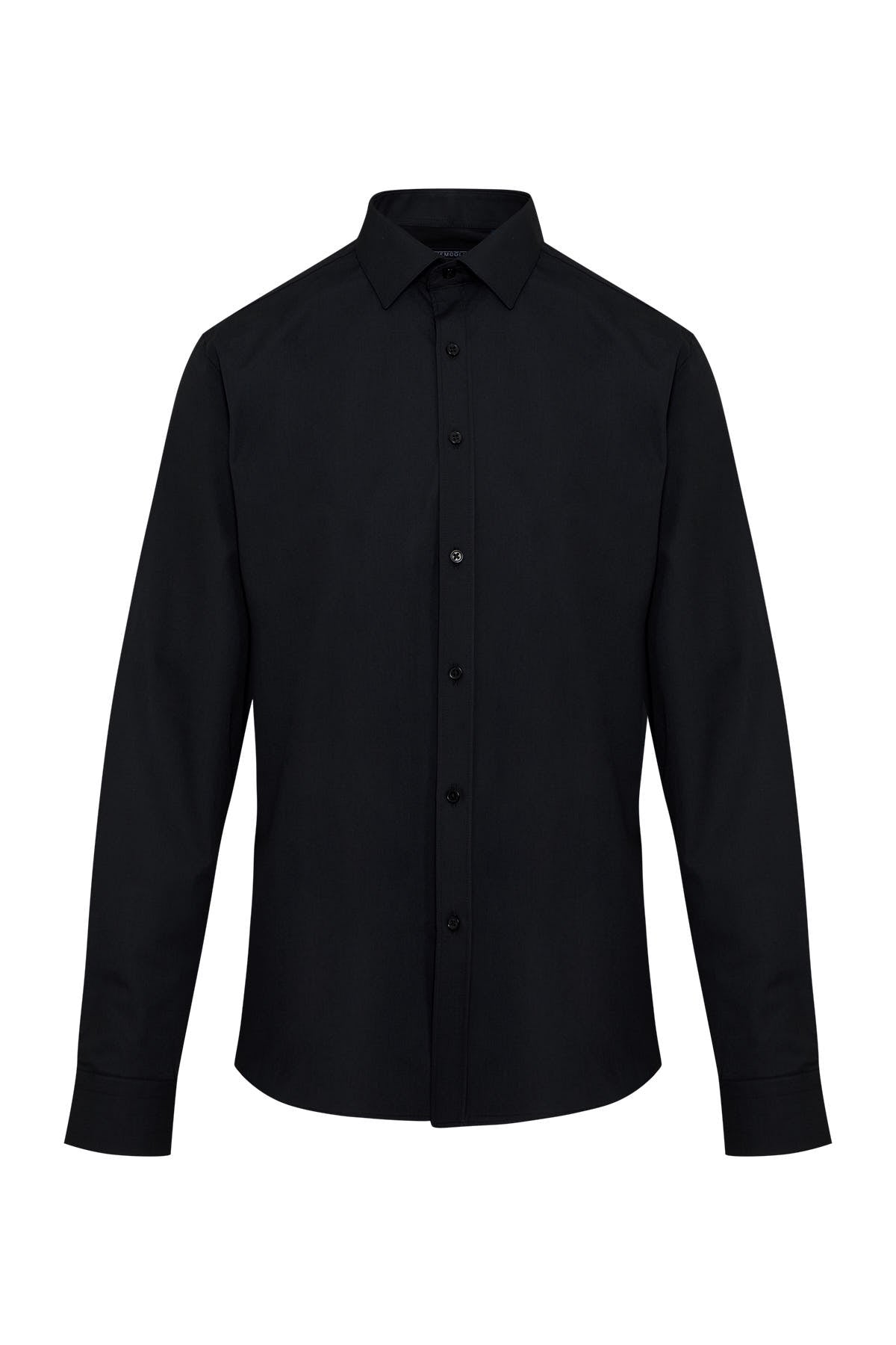 Black long-sleeved dress shirt with a classic collar and button-down front.