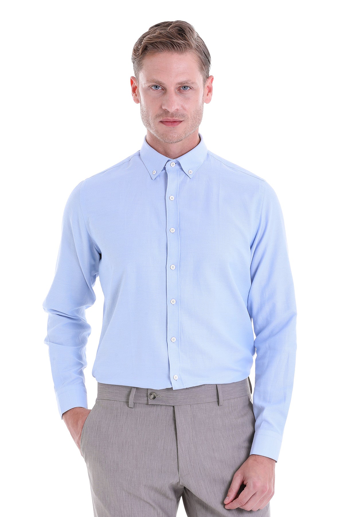 Light blue button-down dress shirt with a classic collar and neatly pressed fabric.