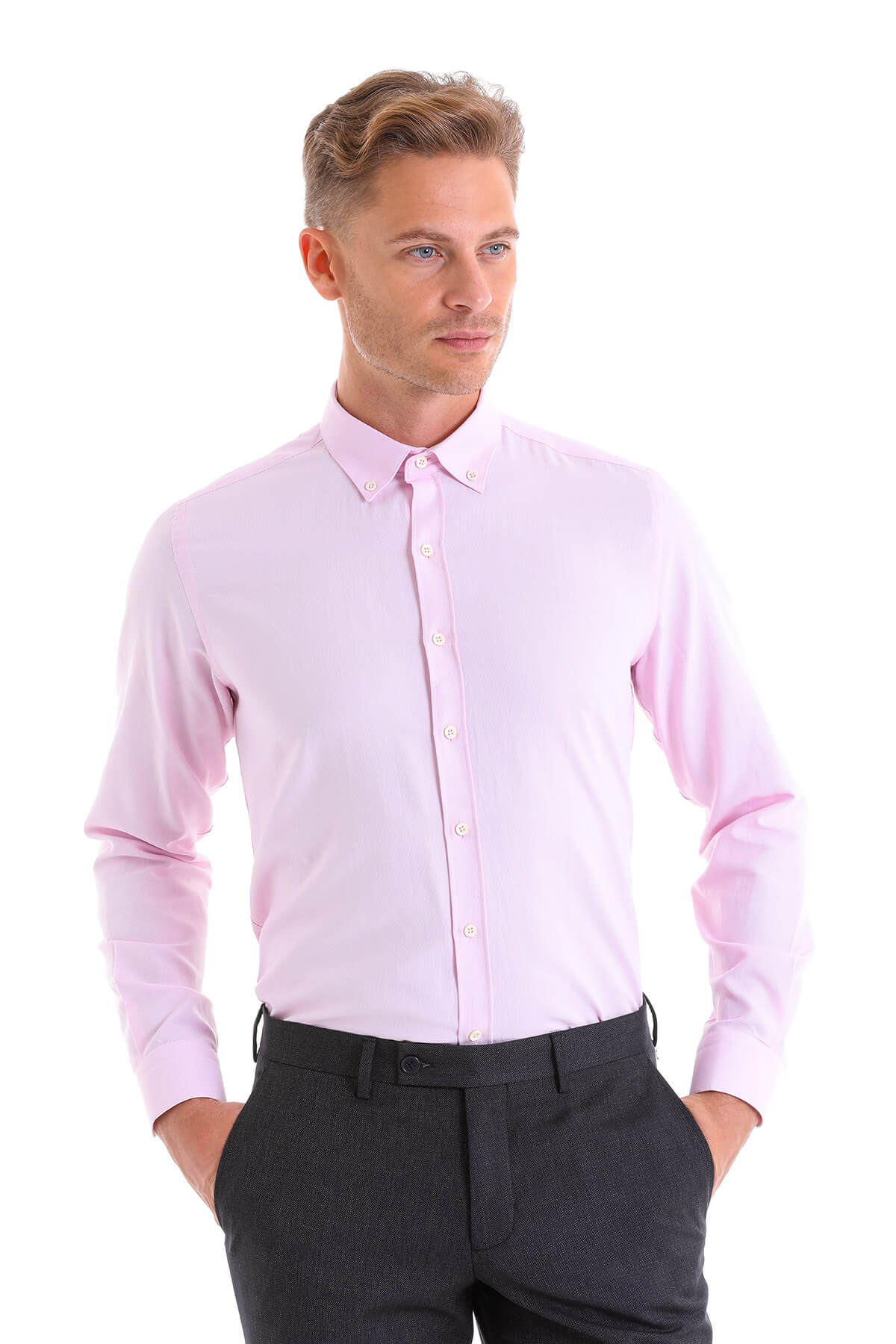A sleek, light pink men’s dress shirt with a classic button-down collar and long sleeves.