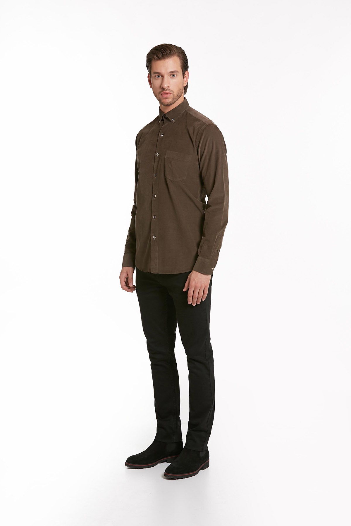 Comfort Fit Long Sleeve Cotton Brown Dress Shirt - SAYKI