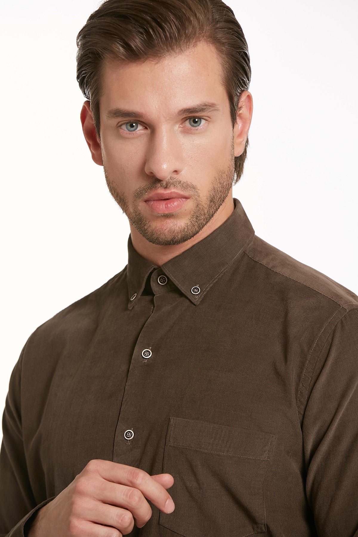 Comfort Fit Long Sleeve Cotton Brown Dress Shirt - SAYKI