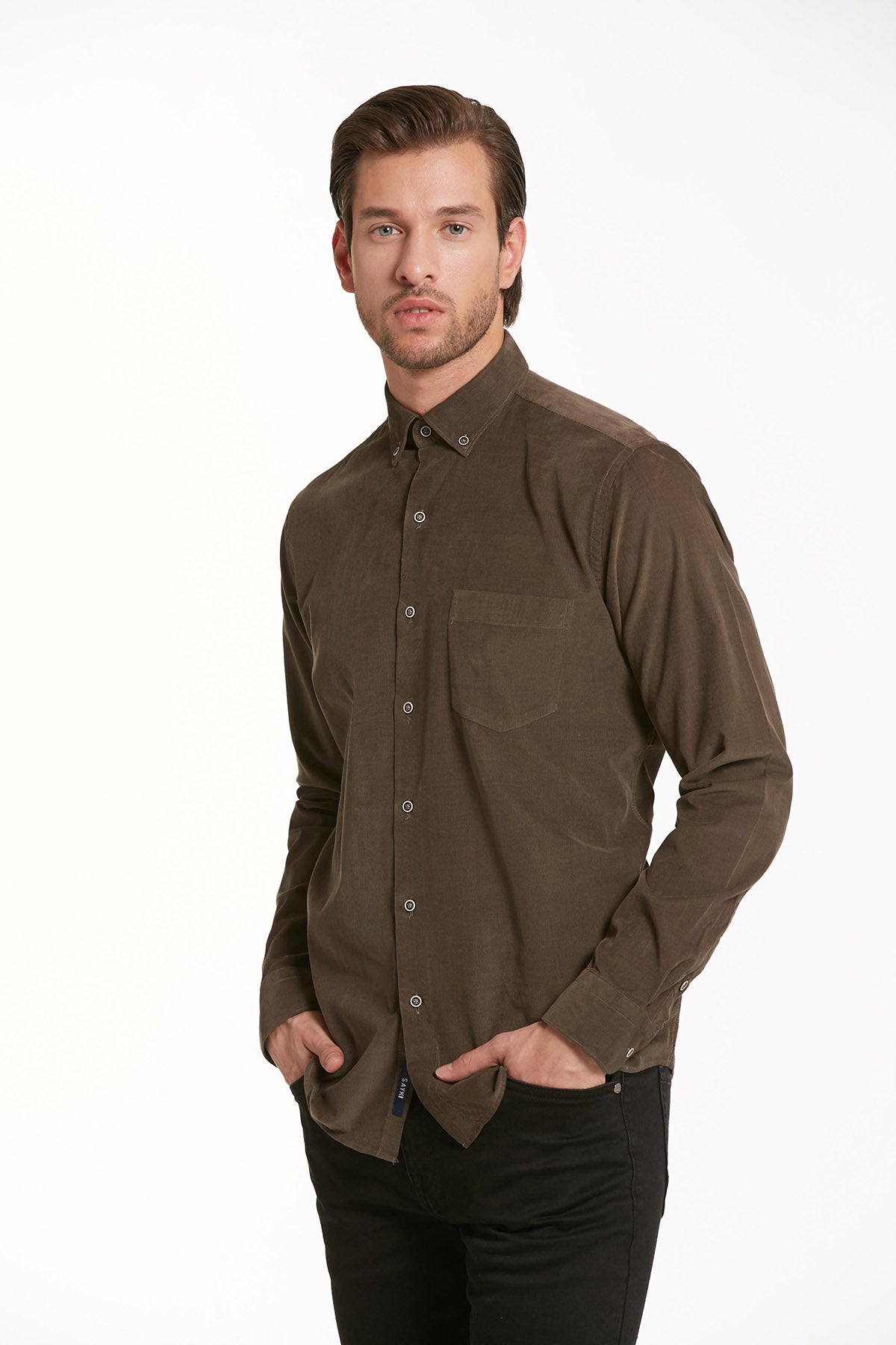 A dark olive green button-down shirt with a subtle texture and a chest pocket.