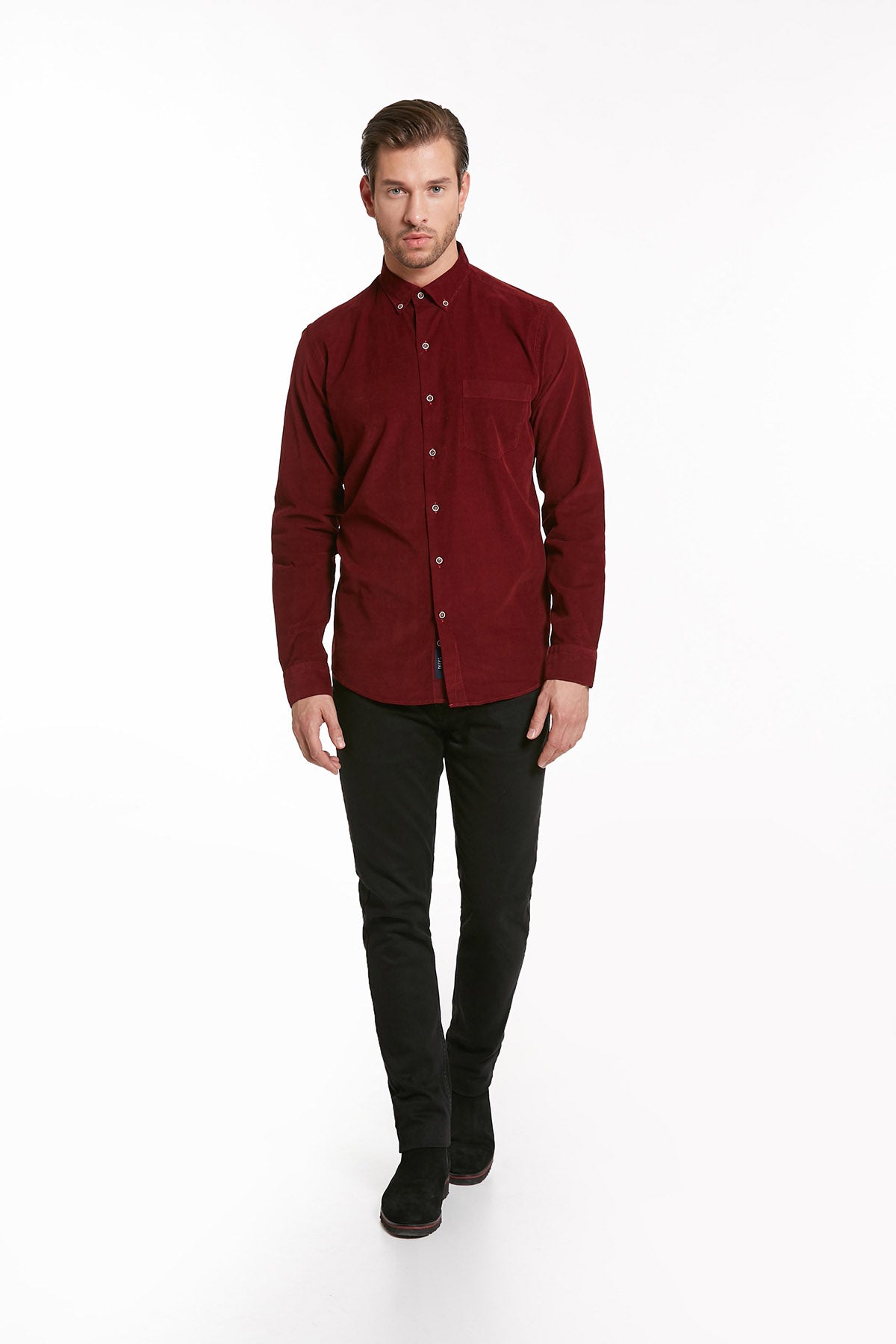 Comfort Fit Long Sleeve Cotton Burgundy Dress Shirt - SAYKI