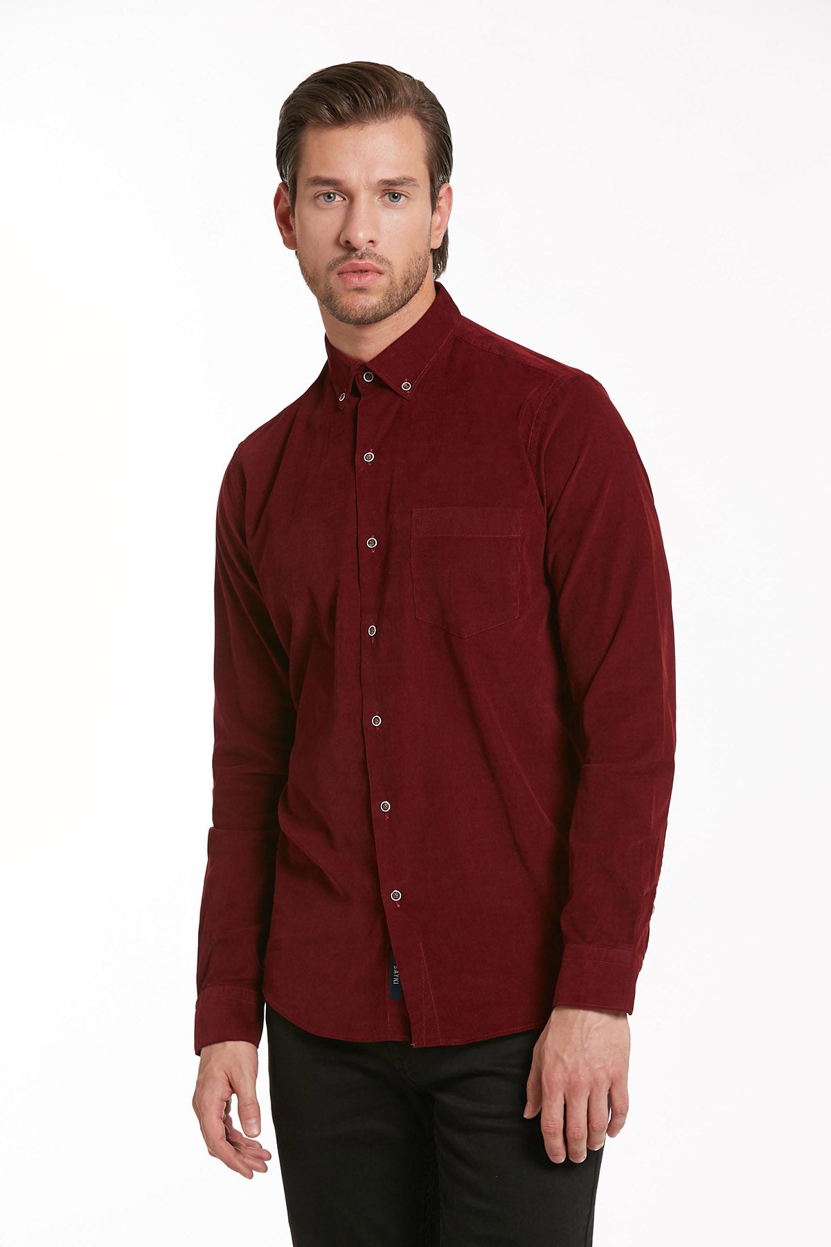 Comfort Fit Long Sleeve Cotton Burgundy Dress Shirt - SAYKI
