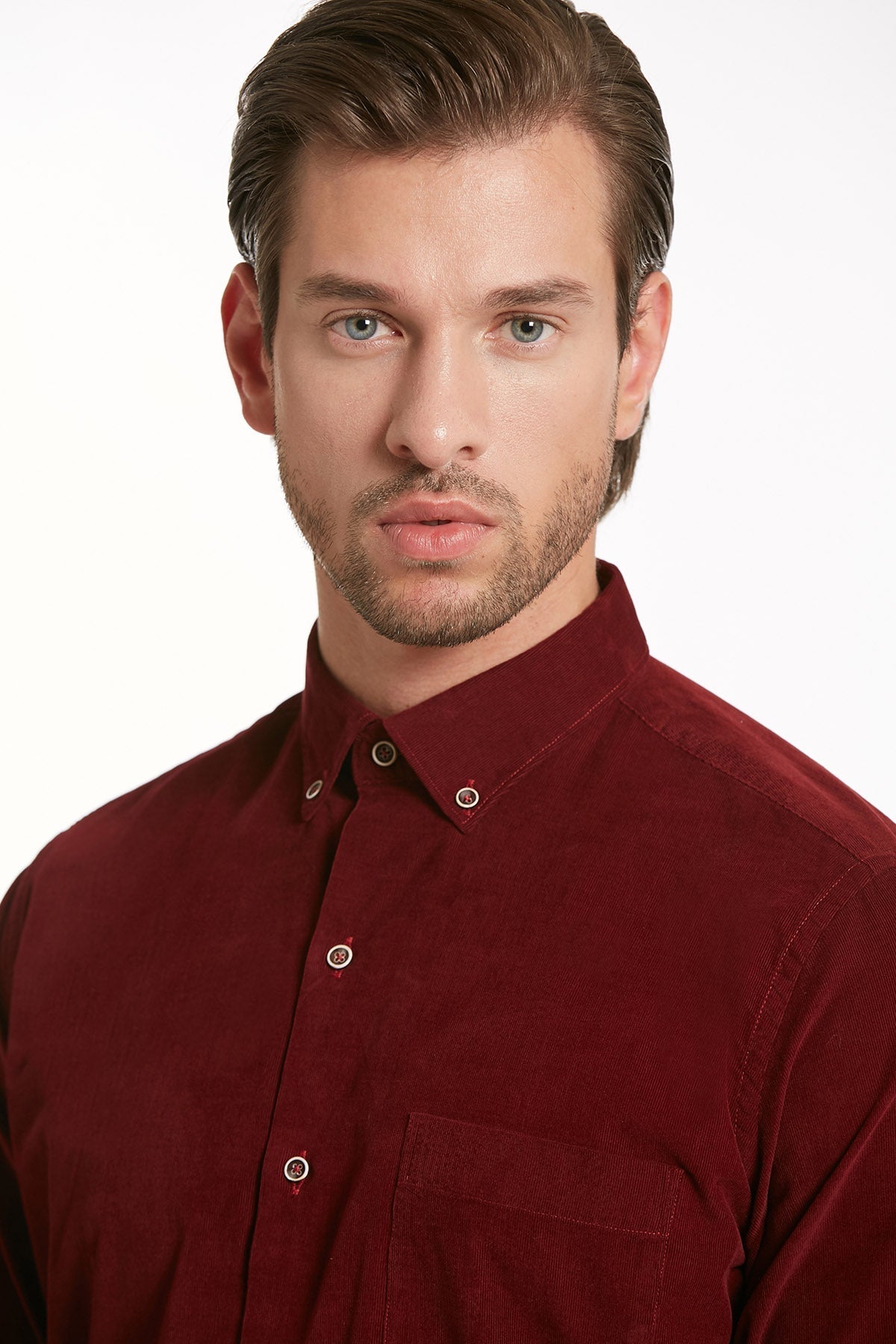 Comfort Fit Long Sleeve Cotton Burgundy Dress Shirt - SAYKI