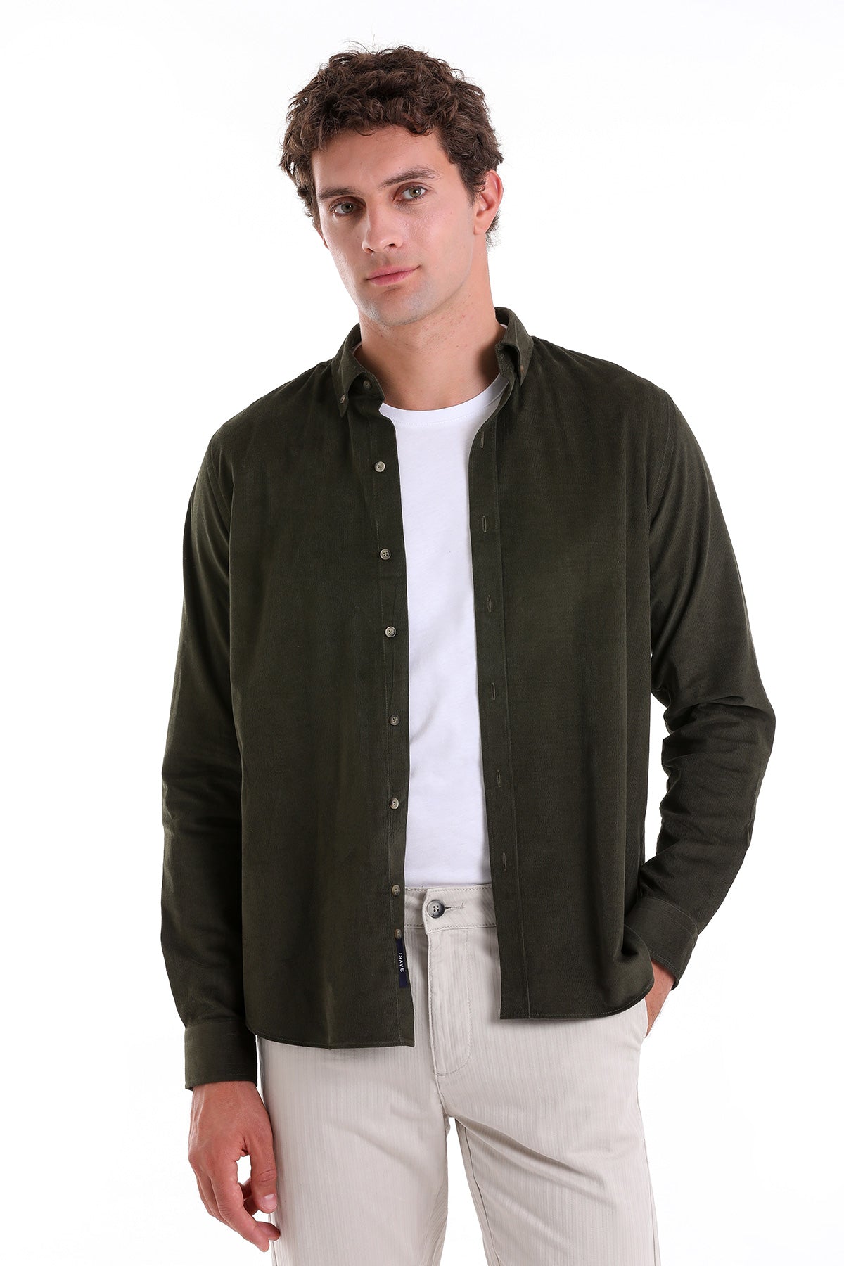 Comfort Fit Long Sleeve Cotton Khaki Casual Shirt - SAYKI