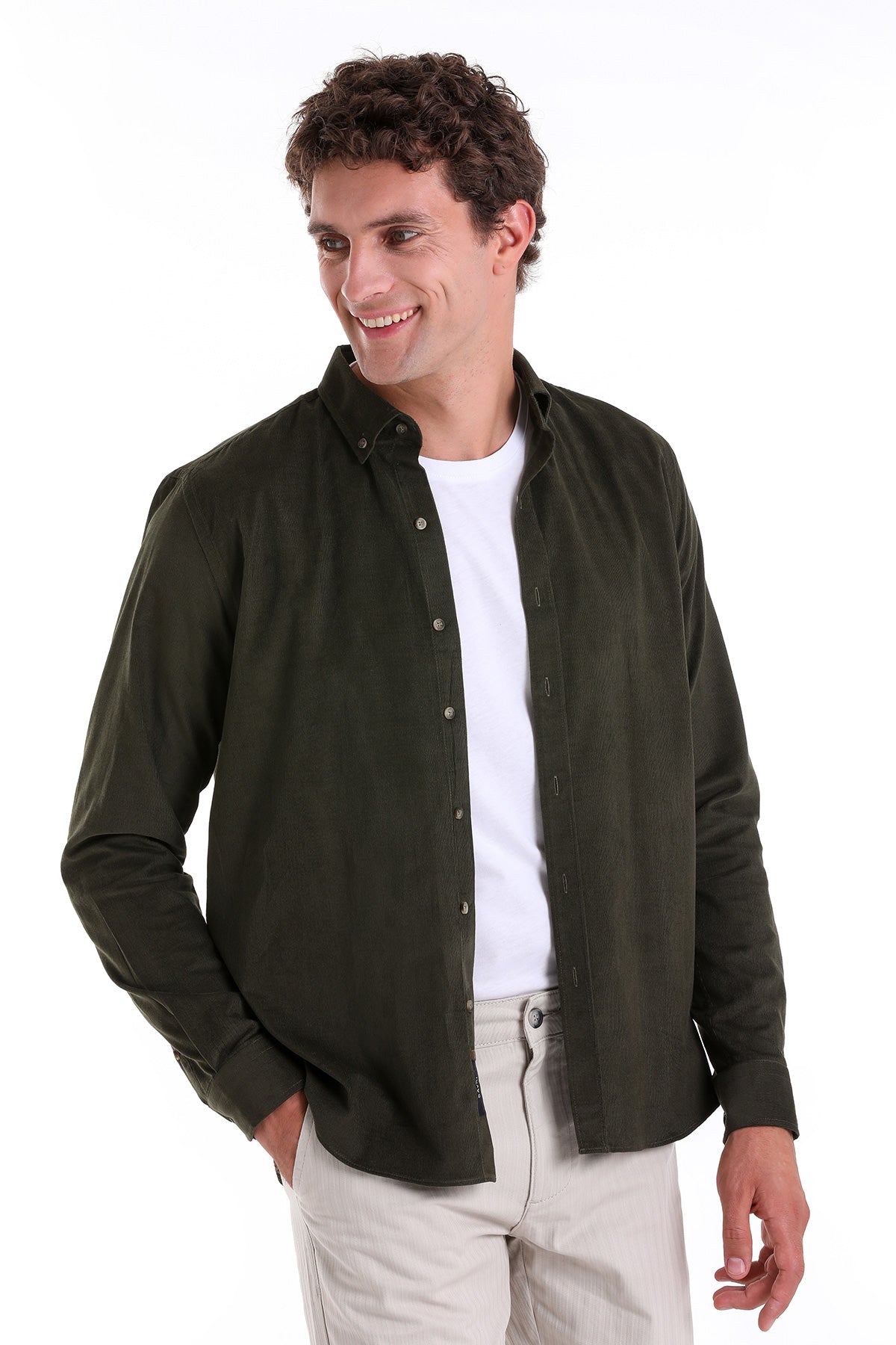 Comfort Fit Long Sleeve Cotton Khaki Casual Shirt - SAYKI