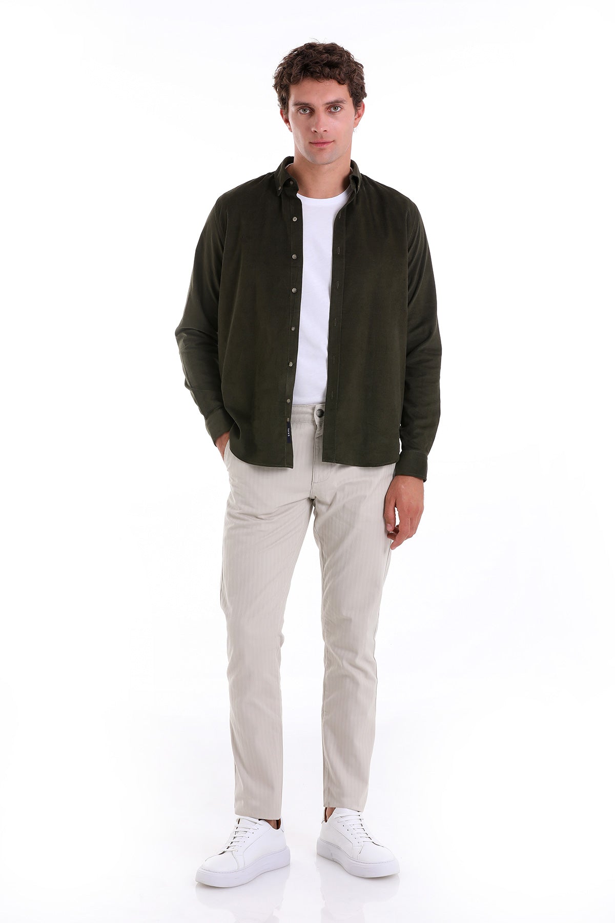 Comfort Fit Long Sleeve Cotton Khaki Casual Shirt - SAYKI