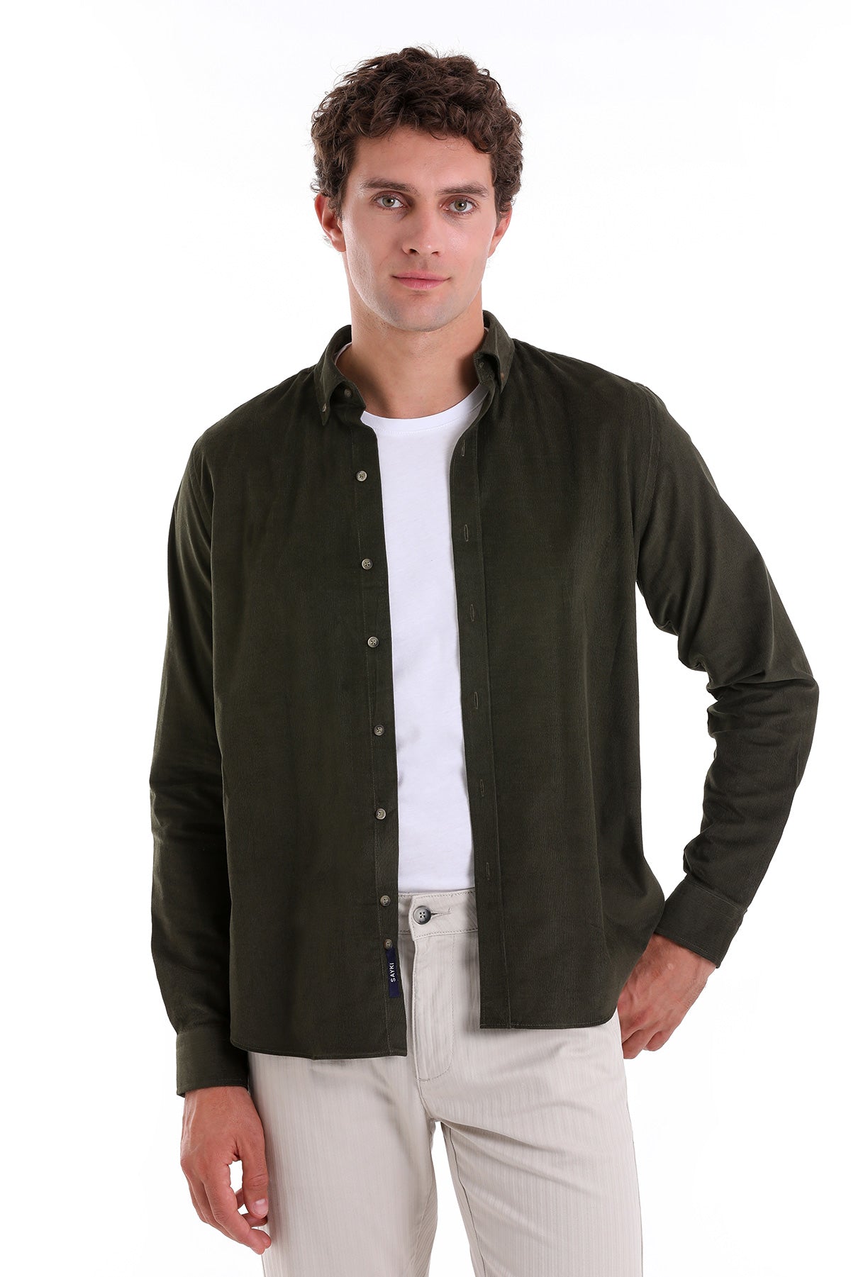 Comfort Fit Long Sleeve Cotton Khaki Casual Shirt - SAYKI