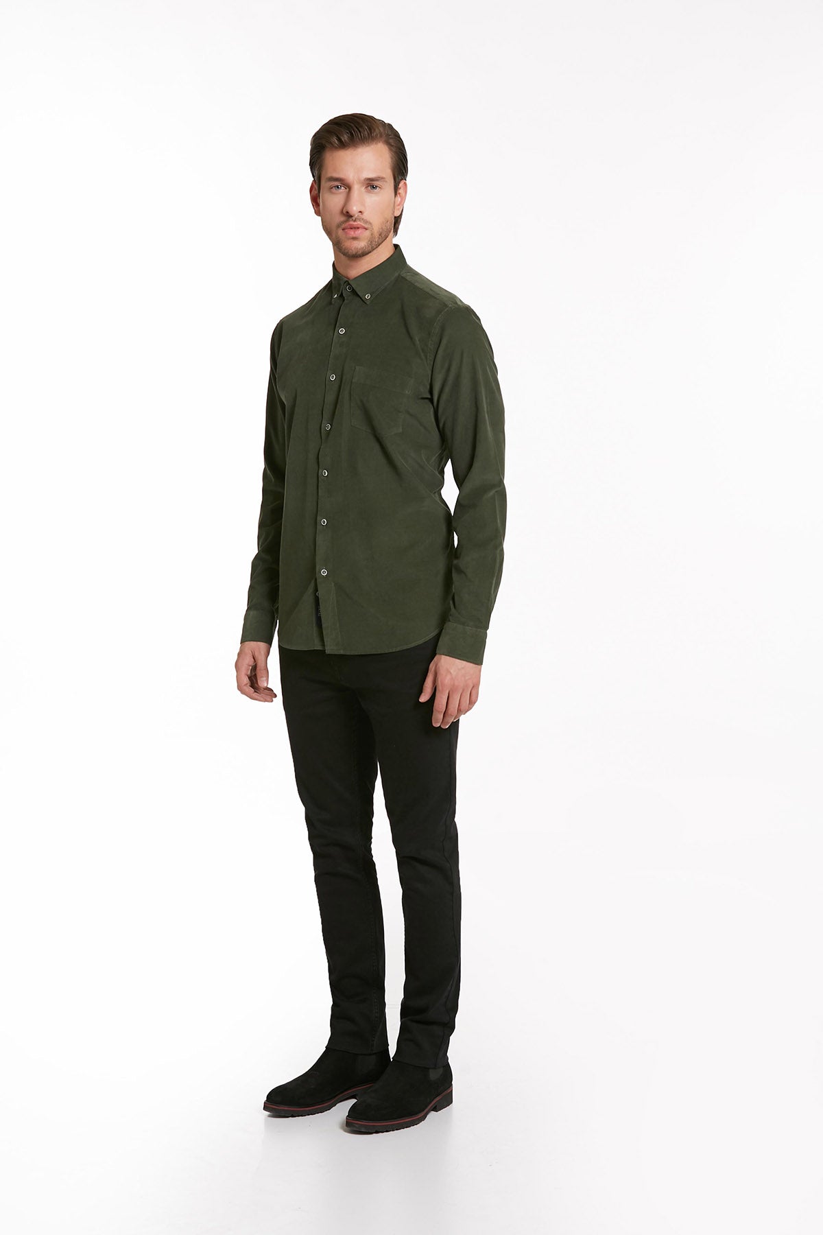 Comfort Fit Long Sleeve Cotton Khaki Dress Shirt - SAYKI